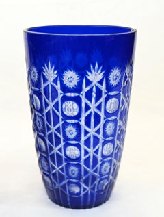 Pair Glass Vases Cobalt Blue Cut Urns Geometric Decoration
