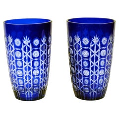 Pair Glass Vases Cobalt Blue Cut Urns Geometric Decoration