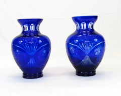 Pair of Art Deco Vases Cobalt Blue Cut Glass Urns