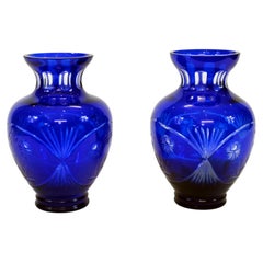 Pair of Art Deco Vases Cobalt Blue Cut Glass Urns