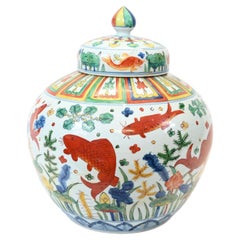 Chinese Ming Urn Wucai Porcelain Lidded Jar China Carp