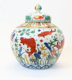 Chinese Ming Urn Wucai Porcelain Lidded Jar China Carp