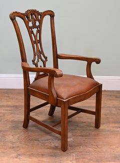 Chippendale Style Carved Armchair with Brown Upholstered Seat