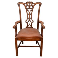 Chippendale Style Carved Armchair with Brown Upholstered Seat