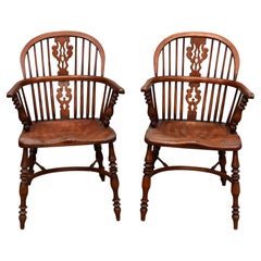 Pair Windsor Armchairs Farmhouse Chair Pierced Splat Backs