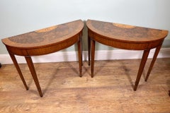 Pair Regency Console Tables Inlaid Demi Lune Sheraton Style