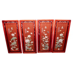 Set Chinese Panels Placques - Hardwood Soapstone Floral Decoration