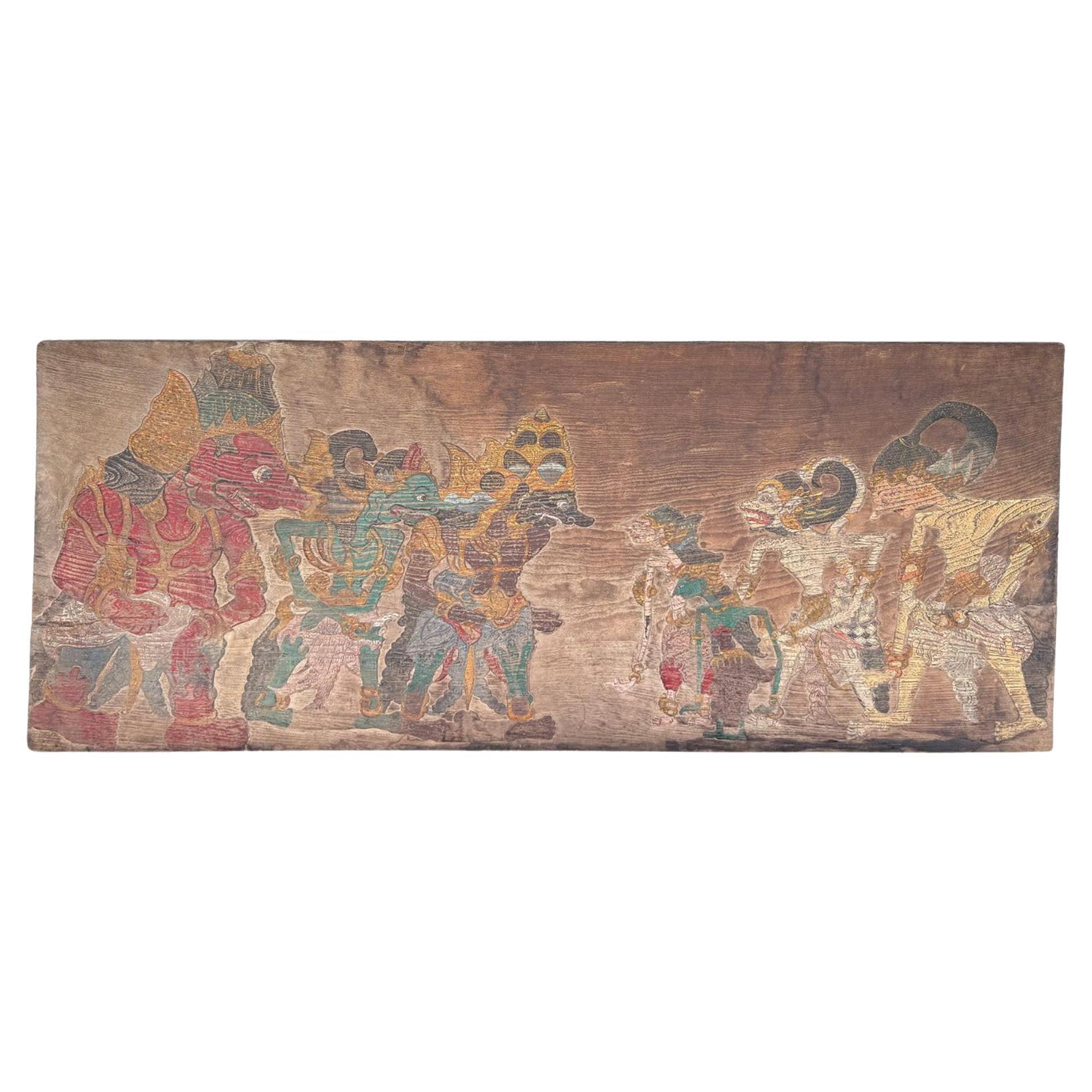 Antique Javanese Teak Wood Panel Wayang Mythology c. 1920 For Sale