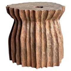 Sculptural Teak Wood Side Table Organic Fluted Form with Hand-Carved Texture