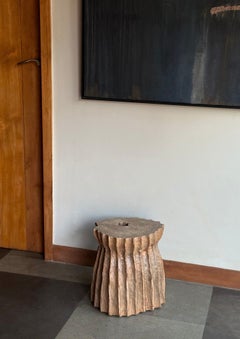 Sculptural Teak Wood Side Table Organic Fluted Form with Hand-Carved Texture