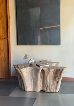 Sculptural Solid Teak Wood Sofa Table with Natural Grain & Bleached Finish
