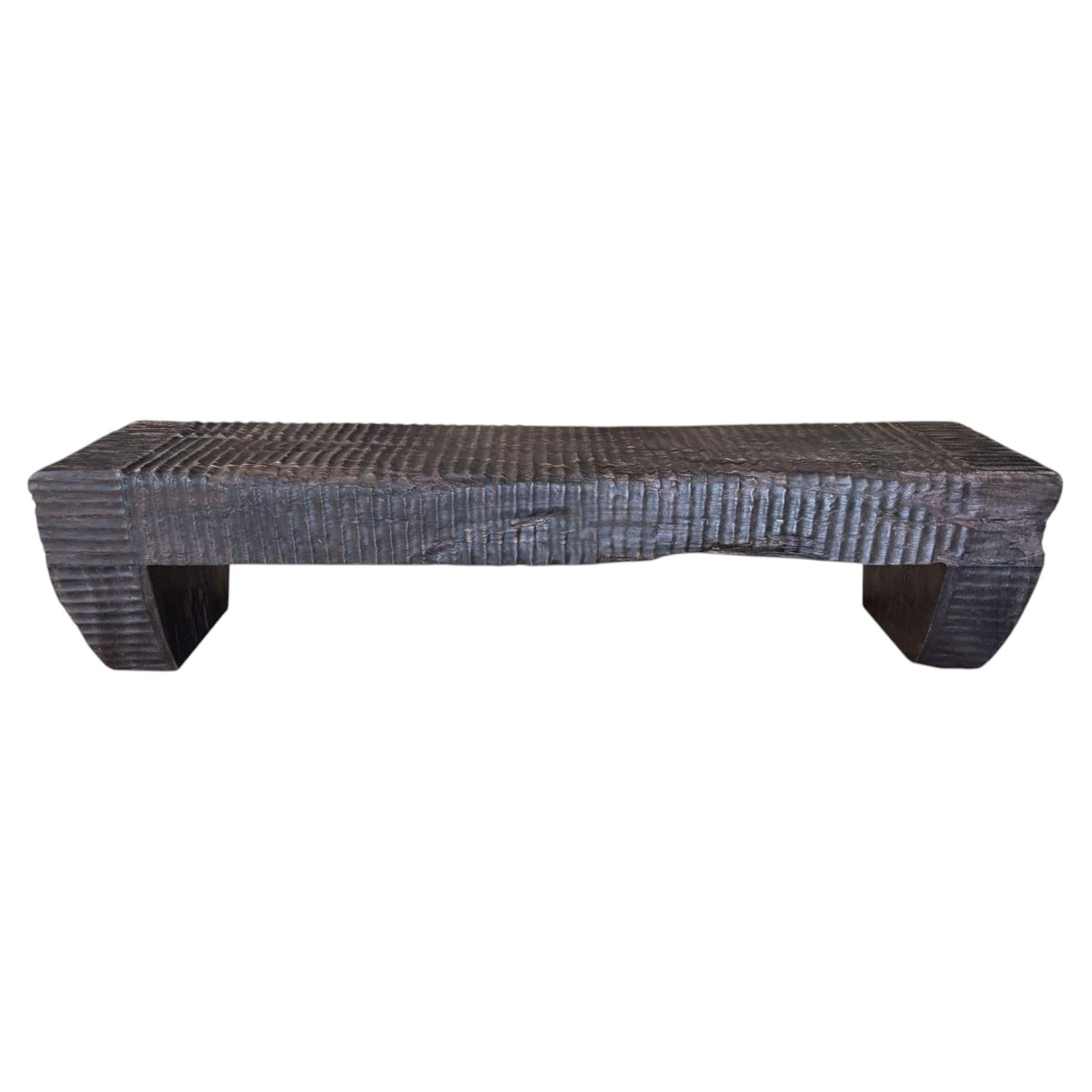 Sculptural Suar Wood Bench, Hand-Hewn Detail, Espresso Finish By Tiempo Gallery