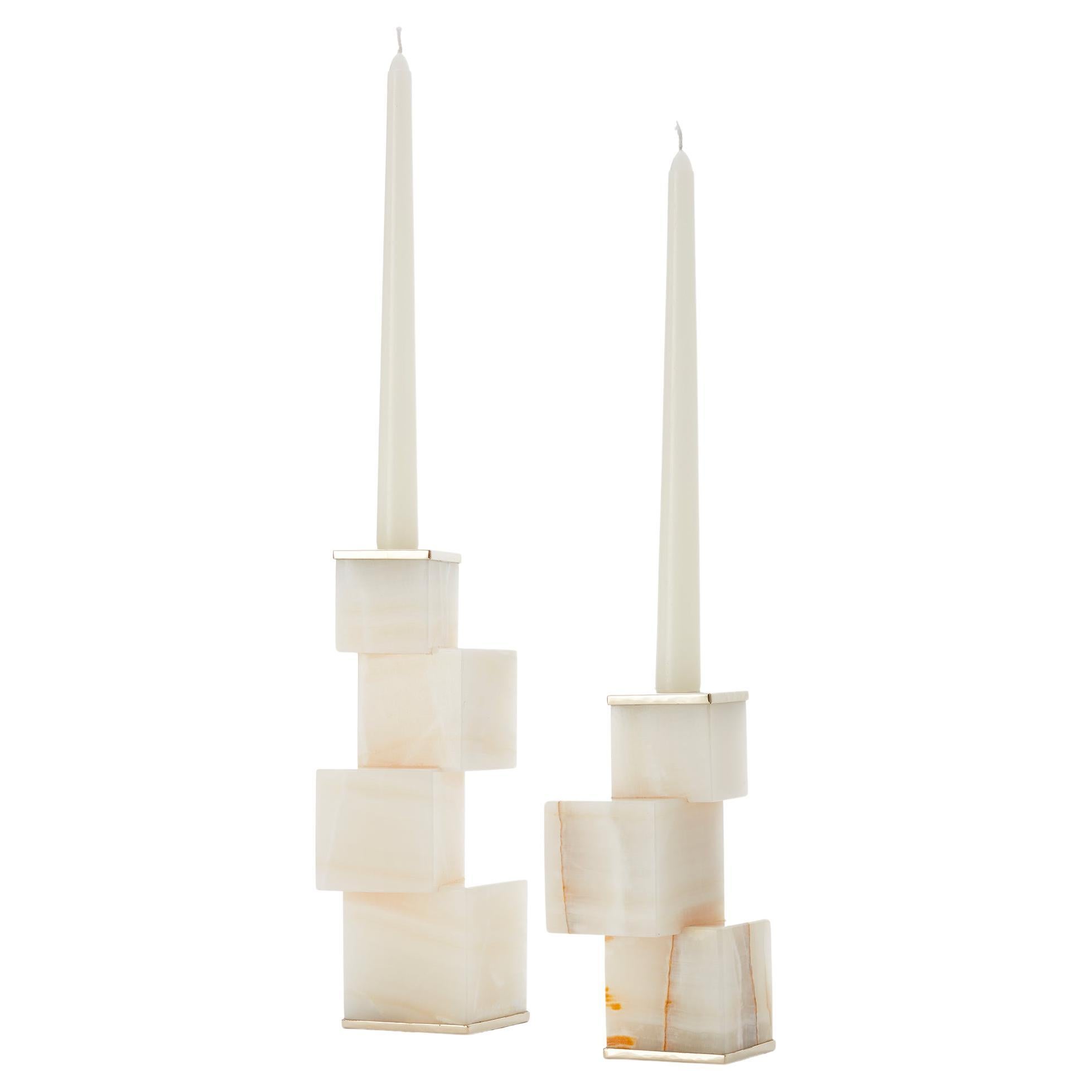 Vertigo Short and Tall Cream Onyx Stone Candleholders