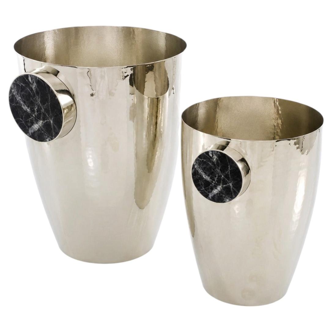Set Lago Medium & Large Champagne Buckets, Black Onyx Stone & Alpaca Silver For Sale