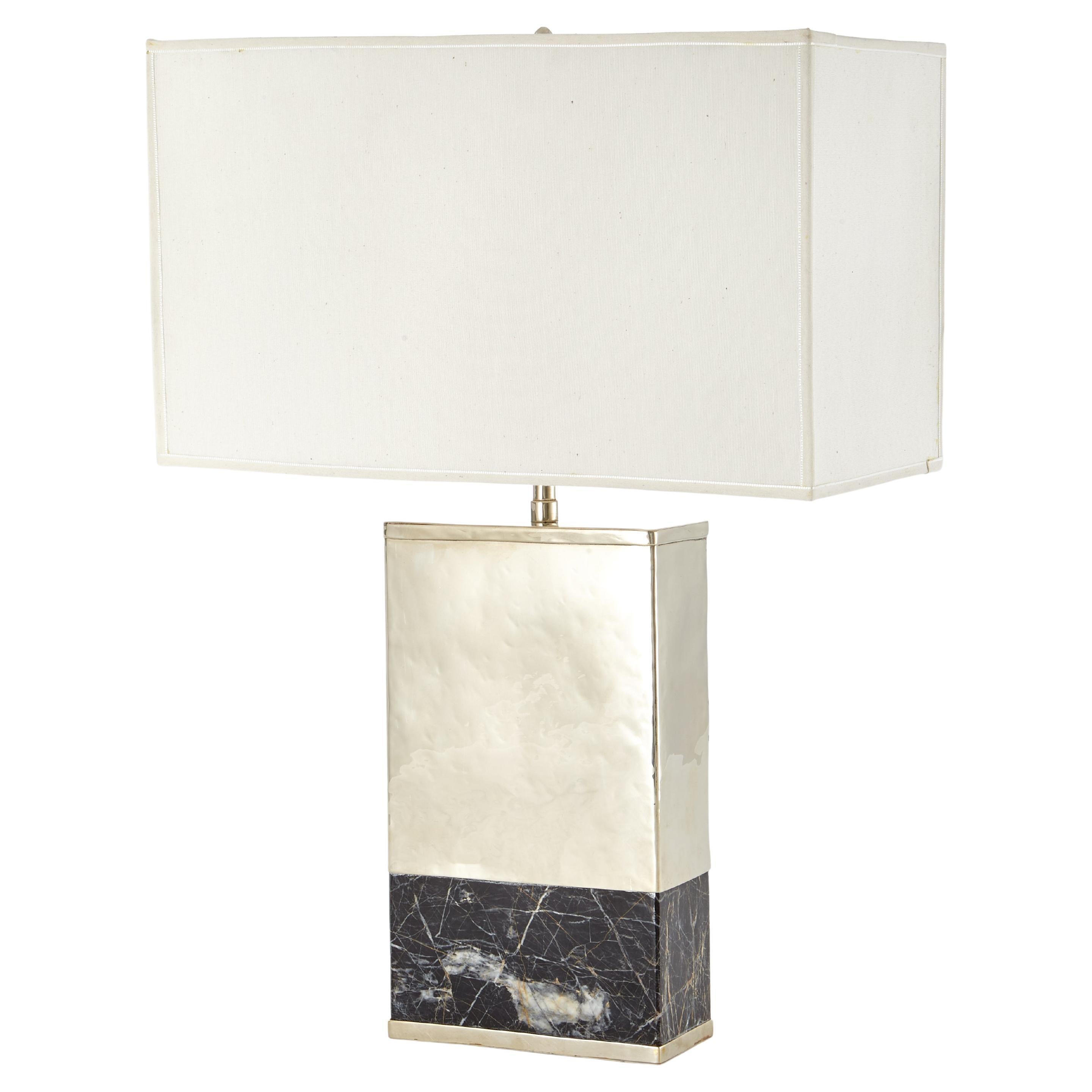 Salta Rectangular Table Lamp Large in Silver Alpaca & Onyx Stone For Sale