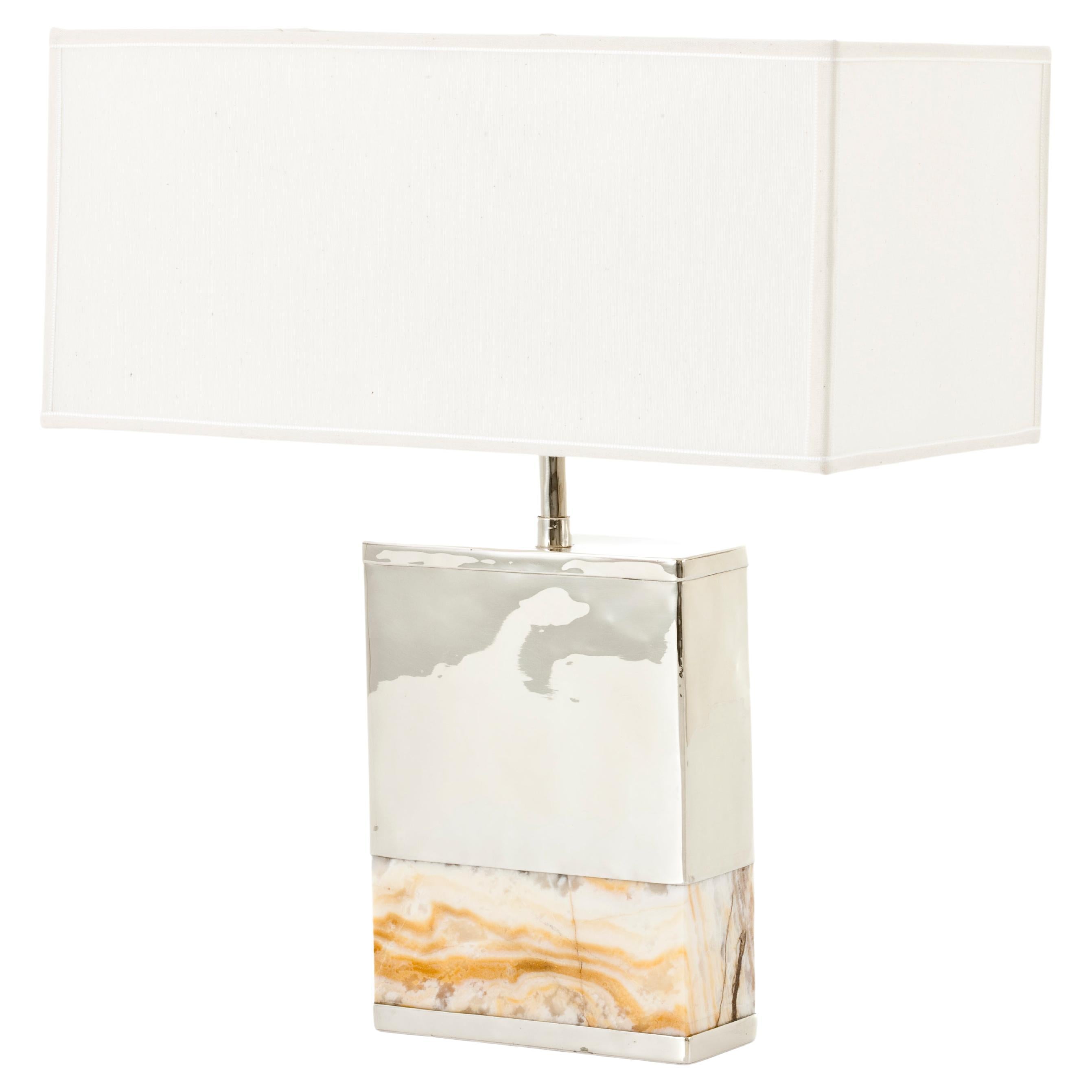 Salta Rectangular Table Lamp Small in Silver Alpaca & Onyx Stone