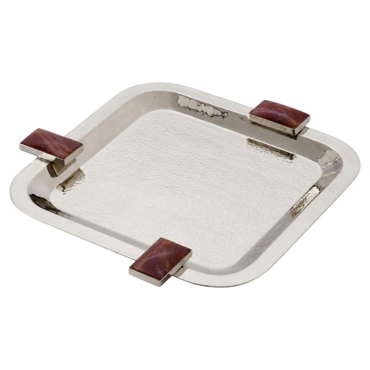 Glaciar Small Silver Alpaca & Bordeaux Onyx Stone Square Tray
