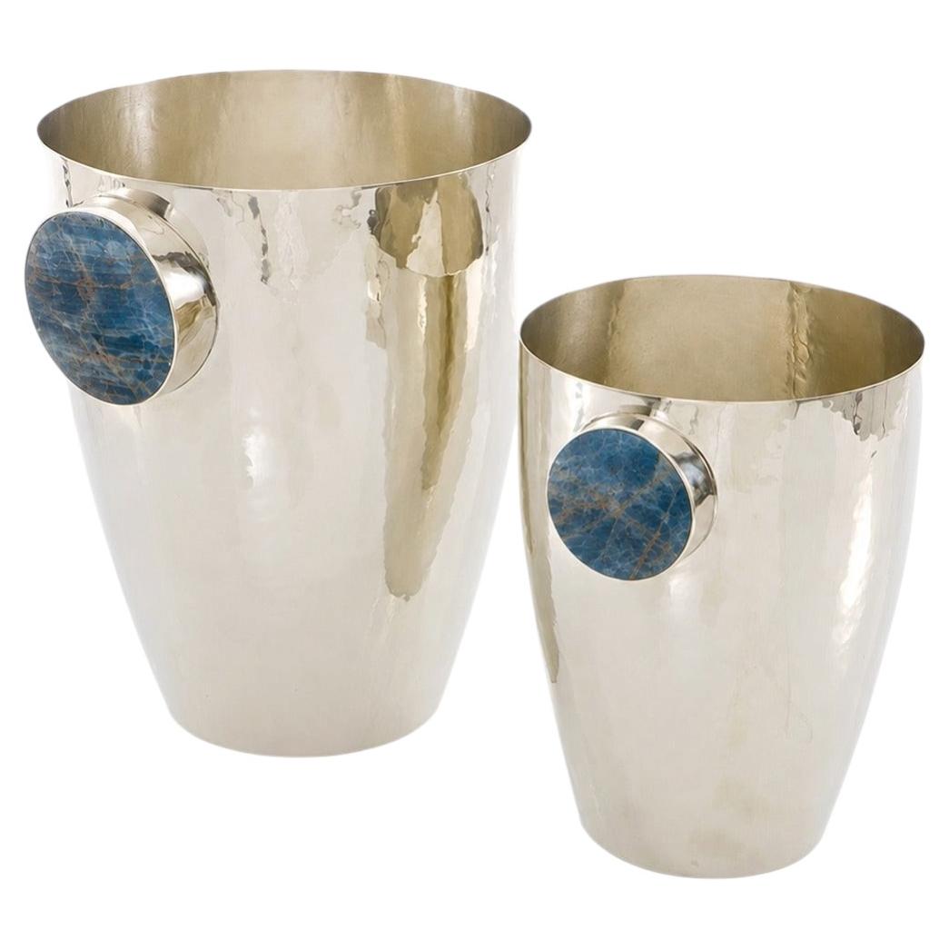 Set Lago Medium & Large Champagne Buckets, Blue Onyx Stone & Alpaca Silver For Sale