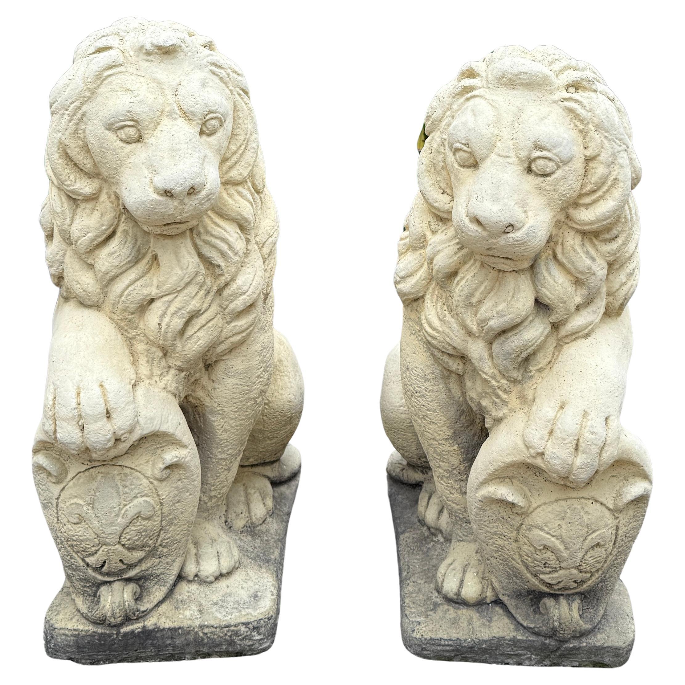 Vintage English Statues LIONS PAIR Garden Figures Cast Stone Yard Decor 22" Tall
