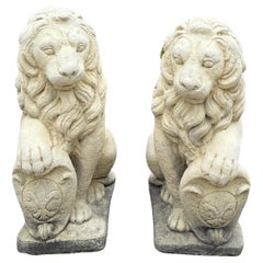 Used English Statues LIONS PAIR Garden Figures Cast Stone Yard Decor 22" Tall