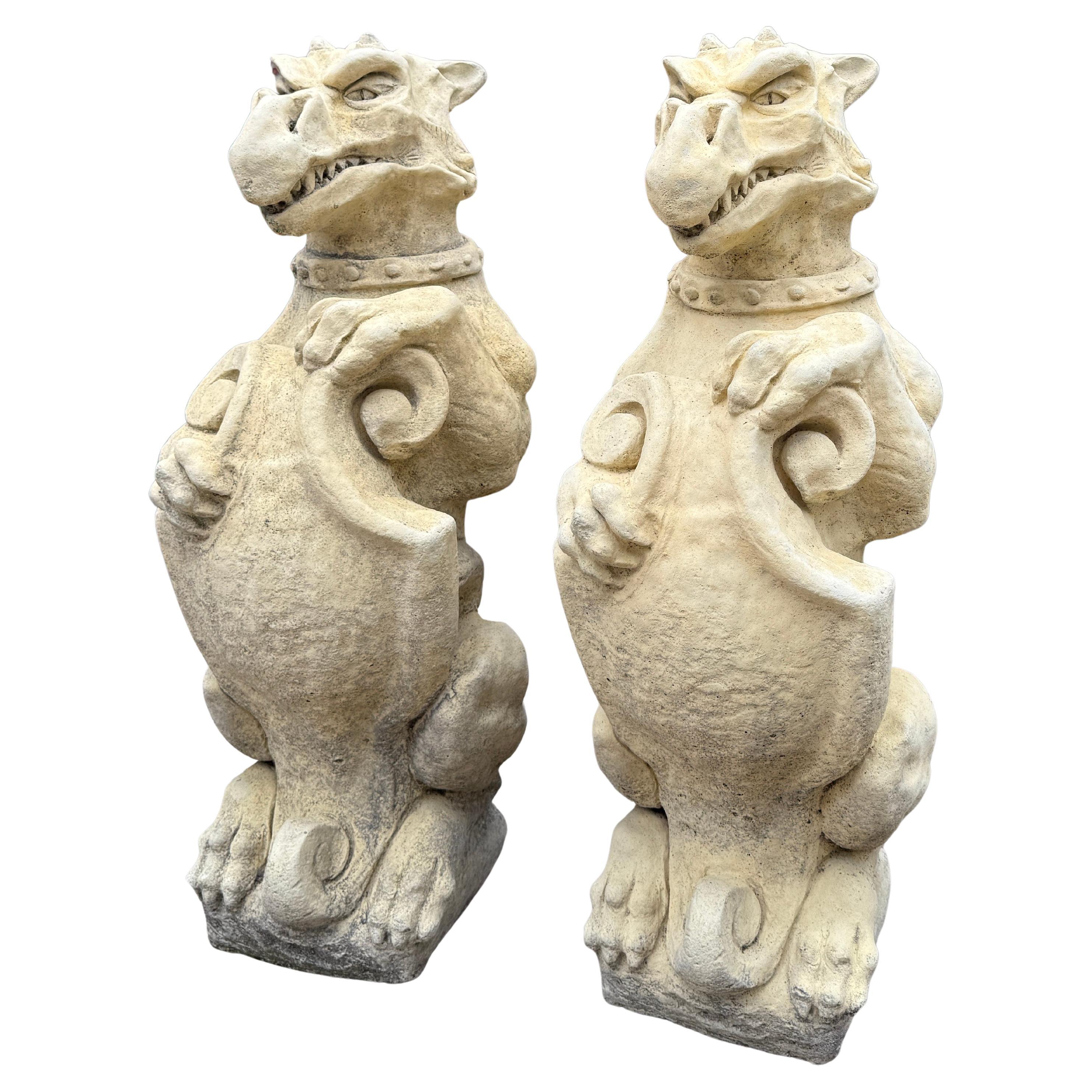 Vintage English Statues Garden Figures Gargoyles Shield Cast Stone Pair