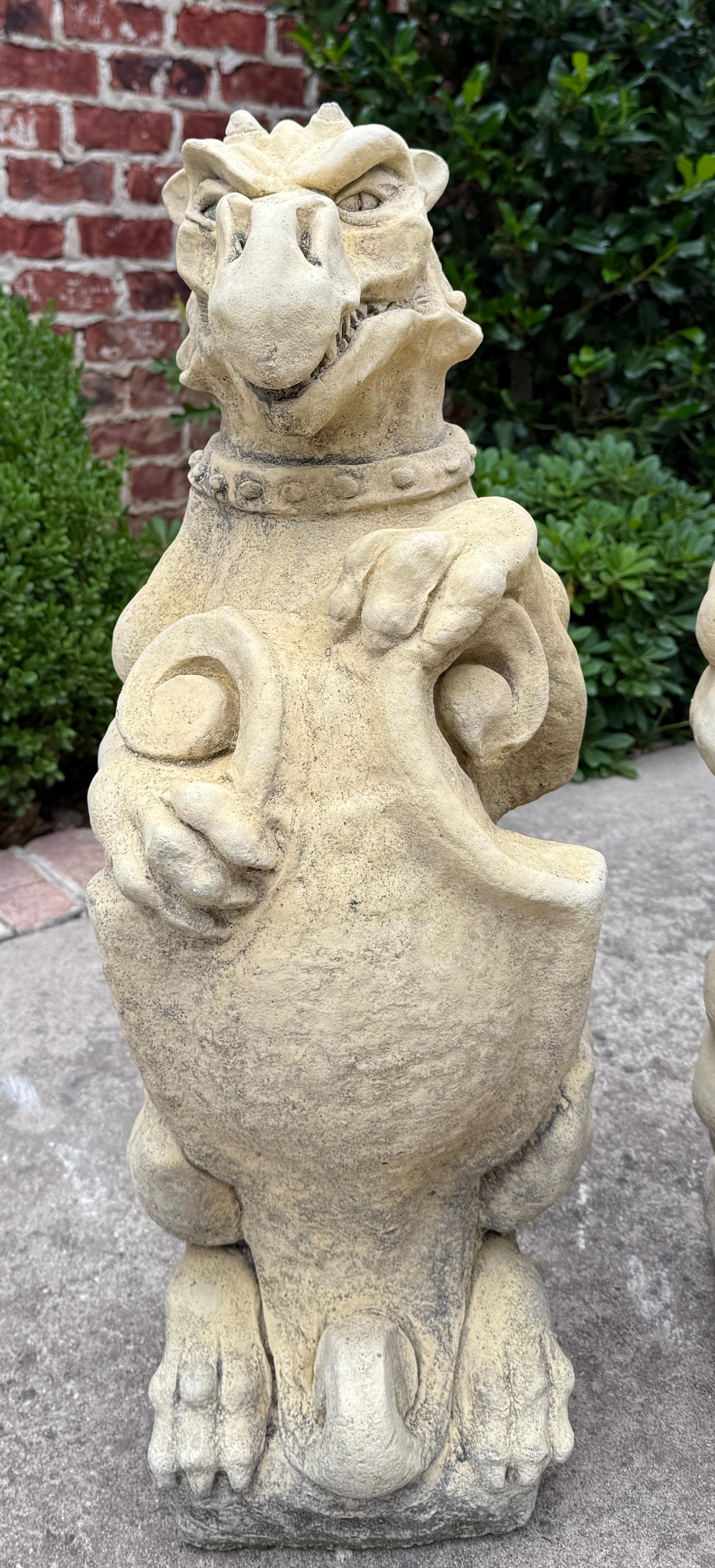 Vintage English Statues Garden Figures Gargoyles Shield Cast Stone Pair For Sale 2