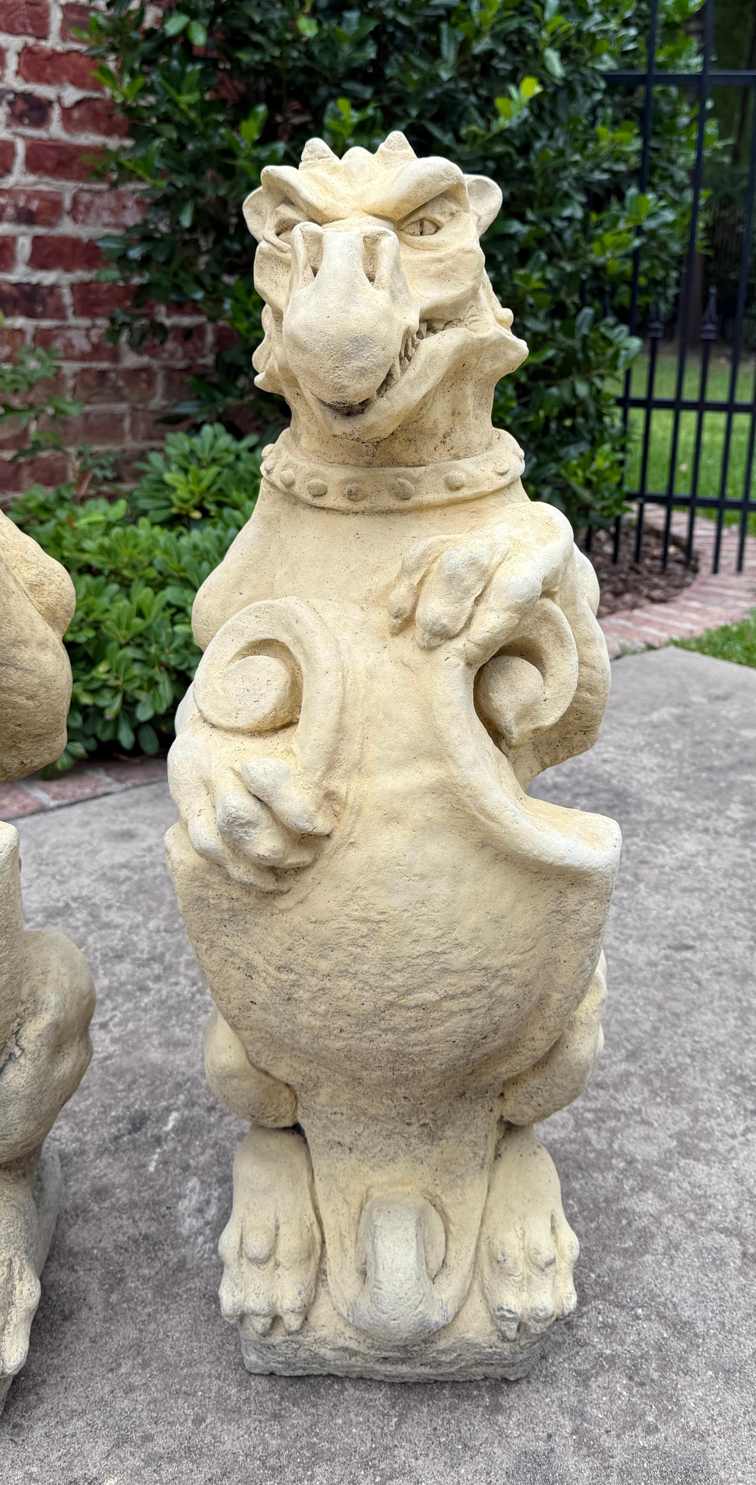Vintage English Statues Garden Figures Gargoyles Shield Cast Stone Pair For Sale 1