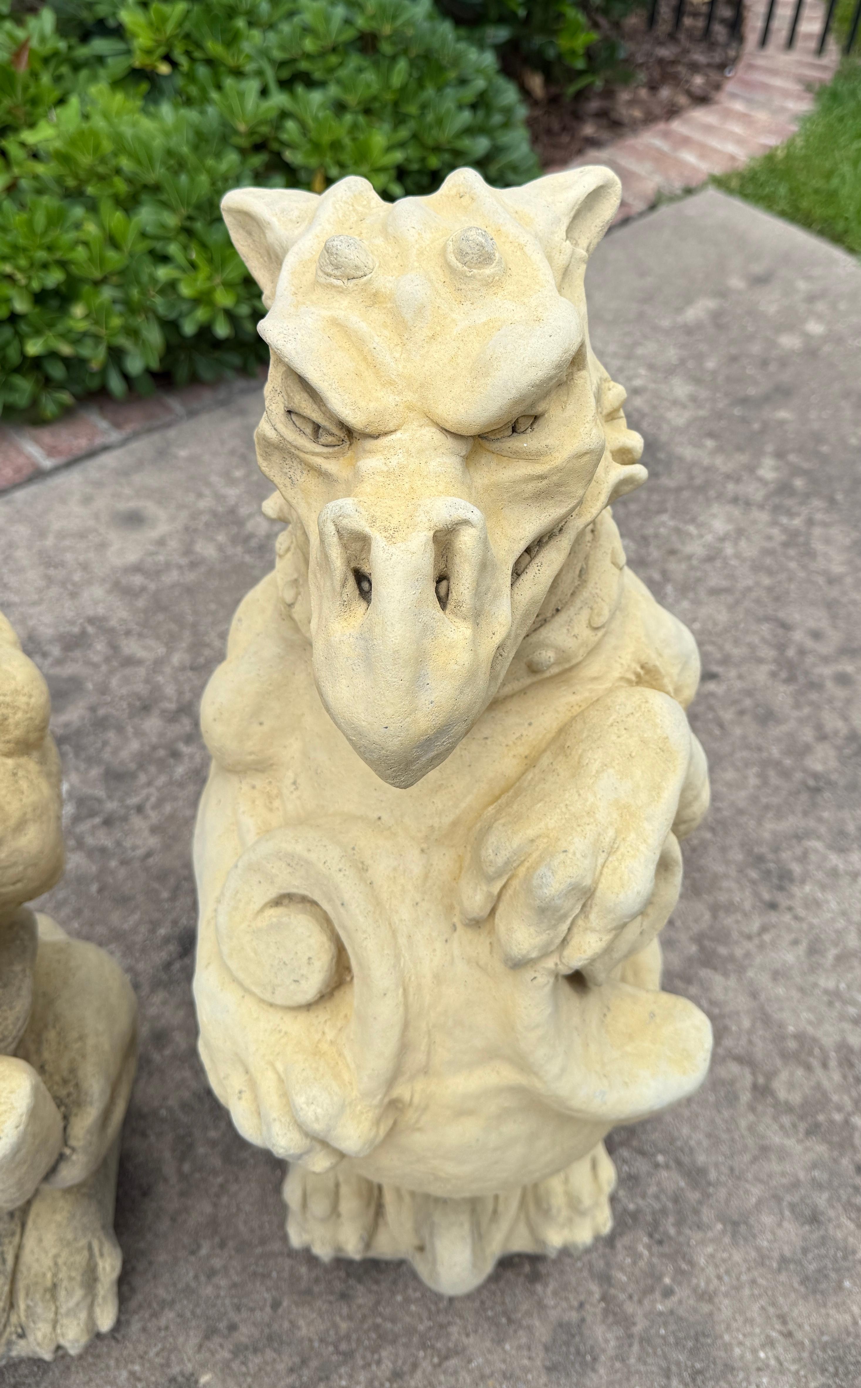 Vintage English Statues Garden Figures Gargoyles Shield Cast Stone Pair For Sale 4