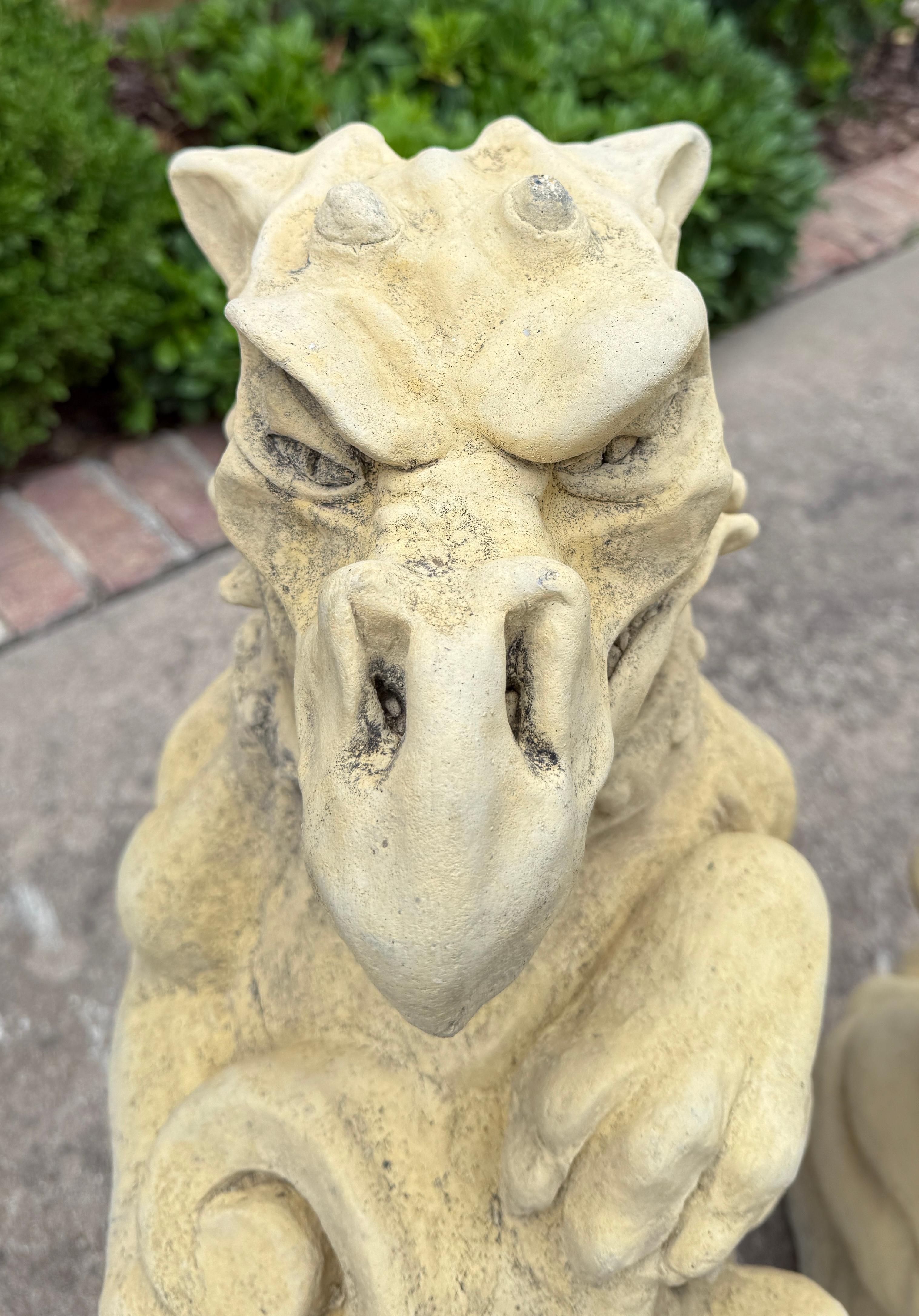 Vintage English Statues Garden Figures Gargoyles Shield Cast Stone Pair For Sale 6