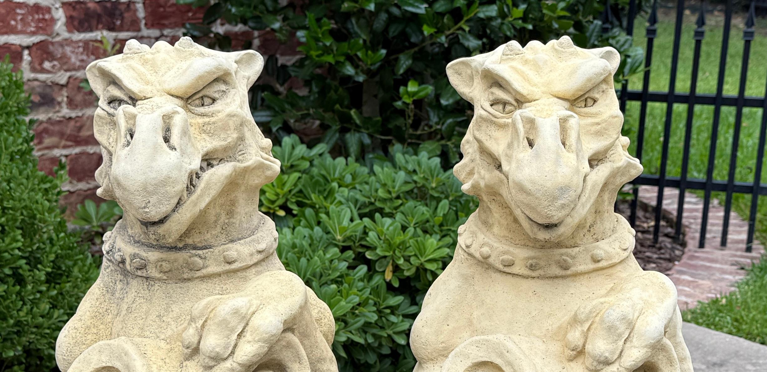 Vintage English Statues Garden Figures Gargoyles Shield Cast Stone Pair For Sale 8