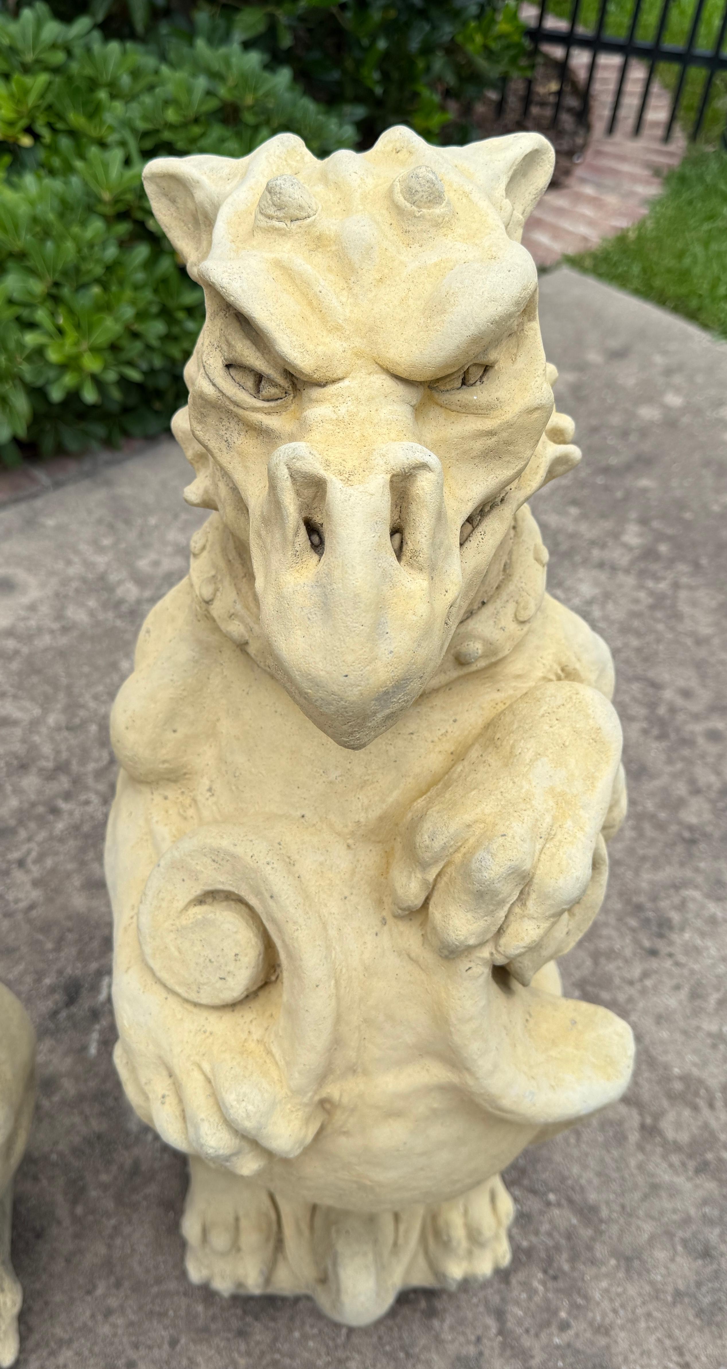 Vintage English Statues Garden Figures Gargoyles Shield Cast Stone Pair For Sale 11