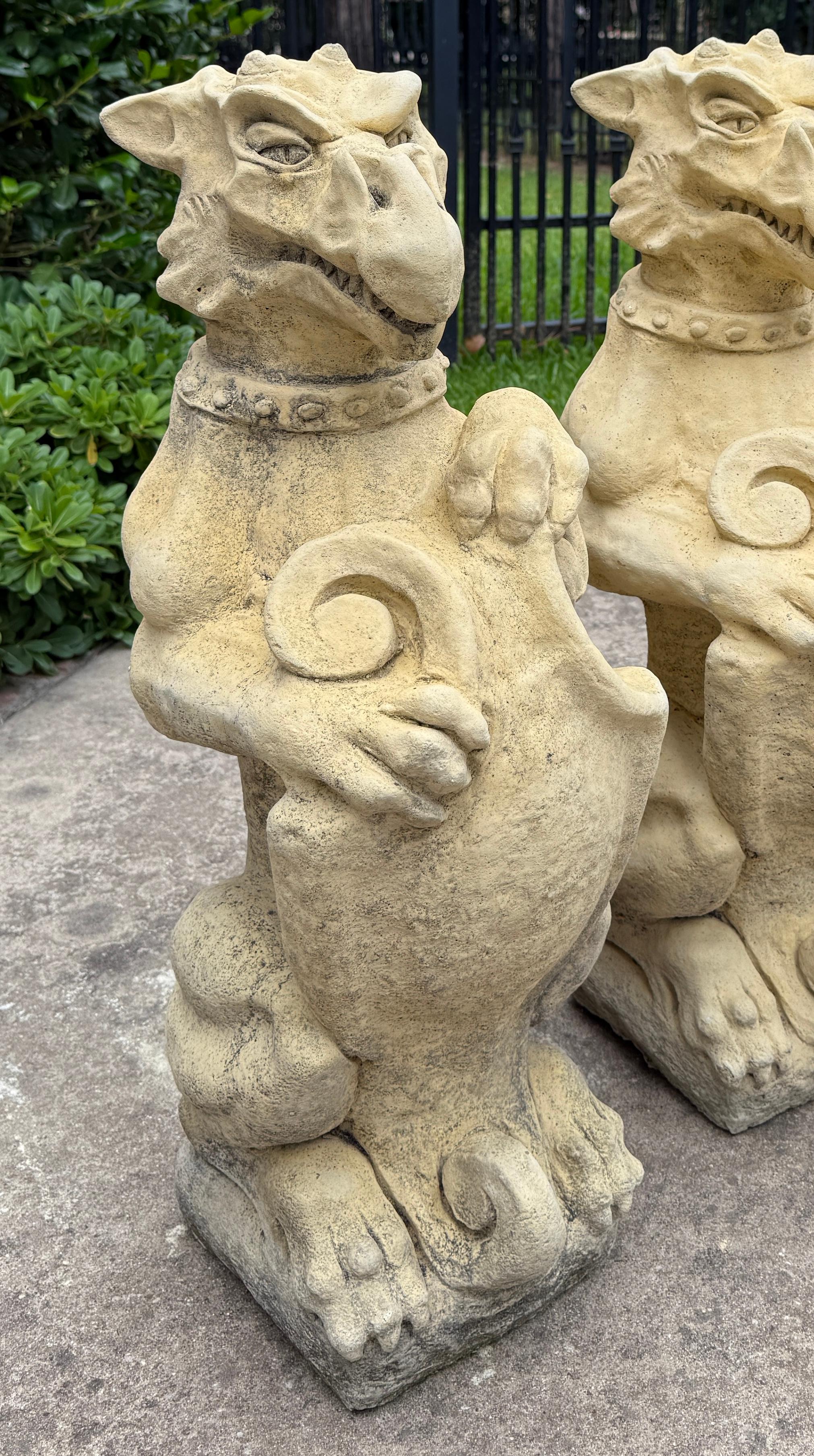 Vintage English Statues Garden Figures Gargoyles Shield Cast Stone Pair For Sale 7