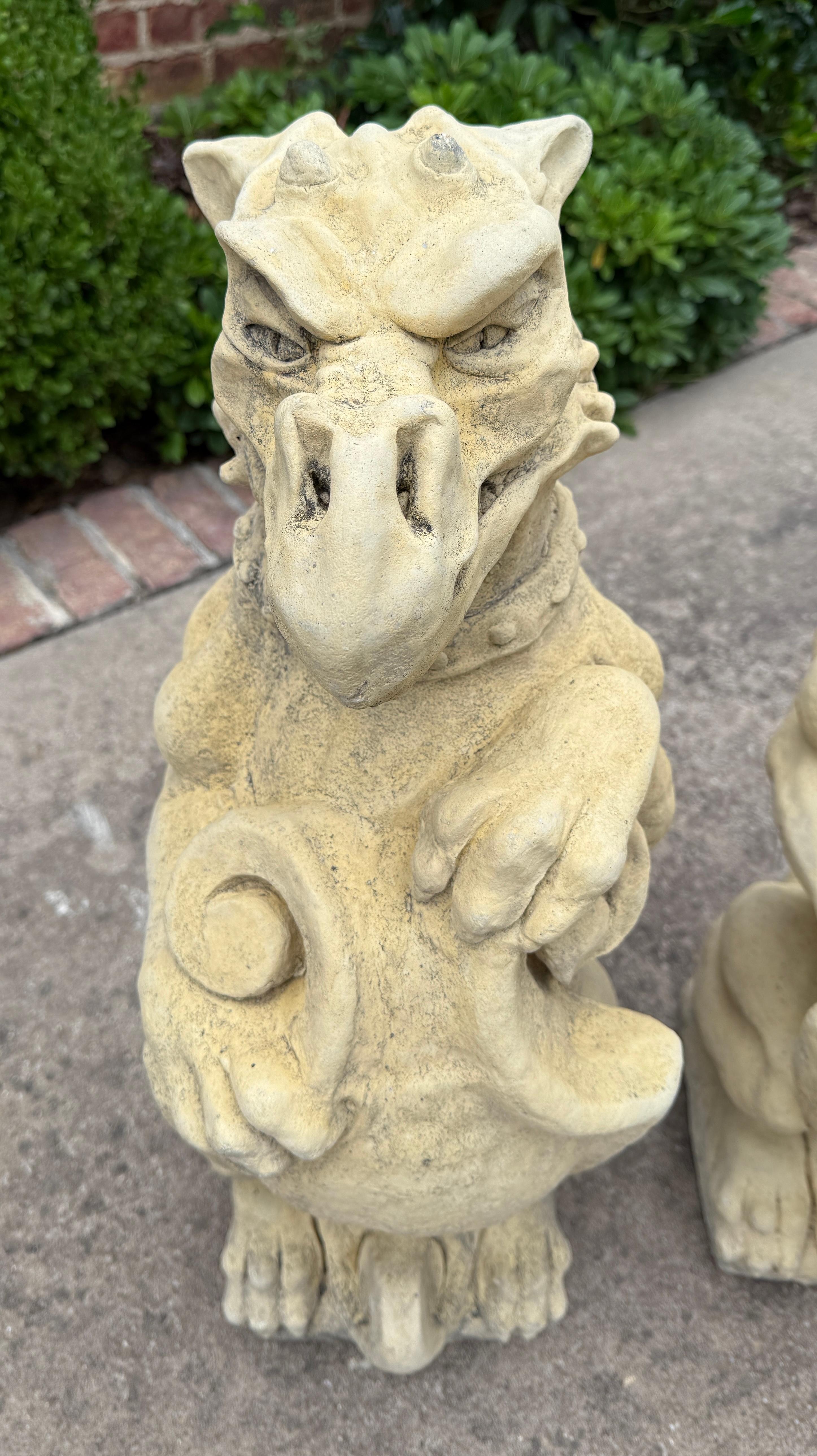 Vintage English Statues Garden Figures Gargoyles Shield Cast Stone Pair For Sale 10