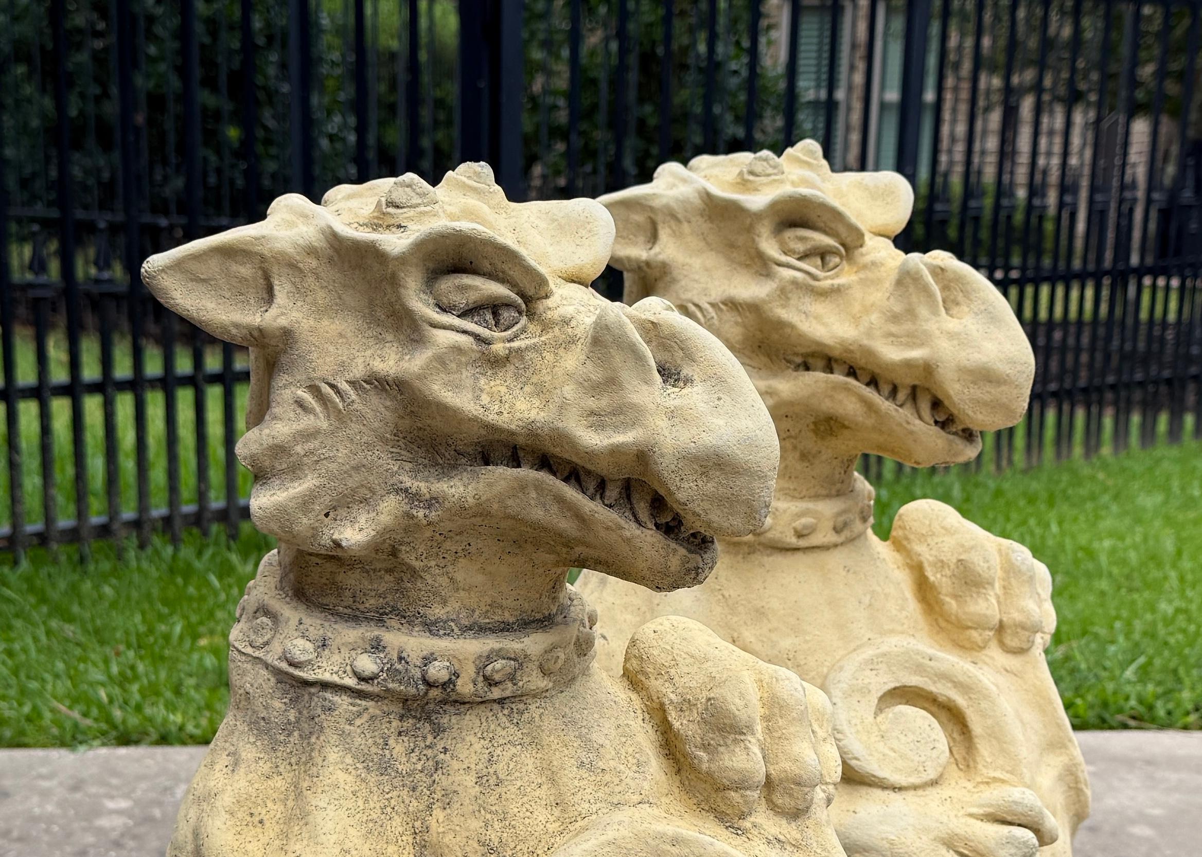 Vintage English Statues Garden Figures Gargoyles Shield Cast Stone Pair For Sale 13