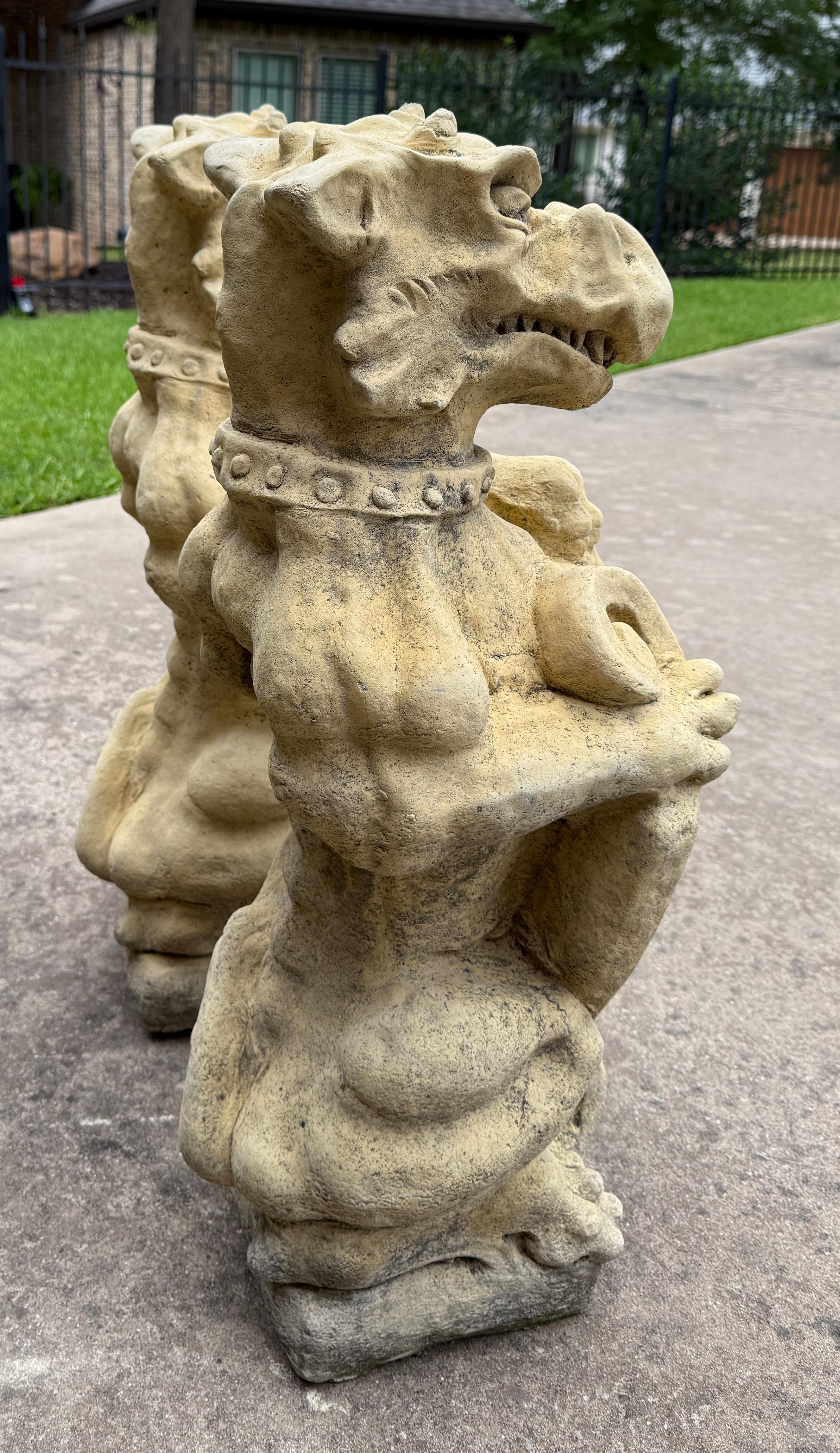 Vintage English Statues Garden Figures Gargoyles Shield Cast Stone Pair For Sale 14