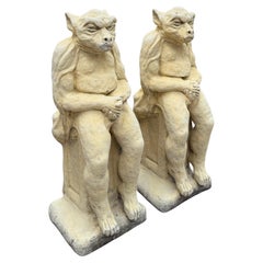 Vintage English Statues Garden Figures Gargoyles Seated Cast Stone Pair