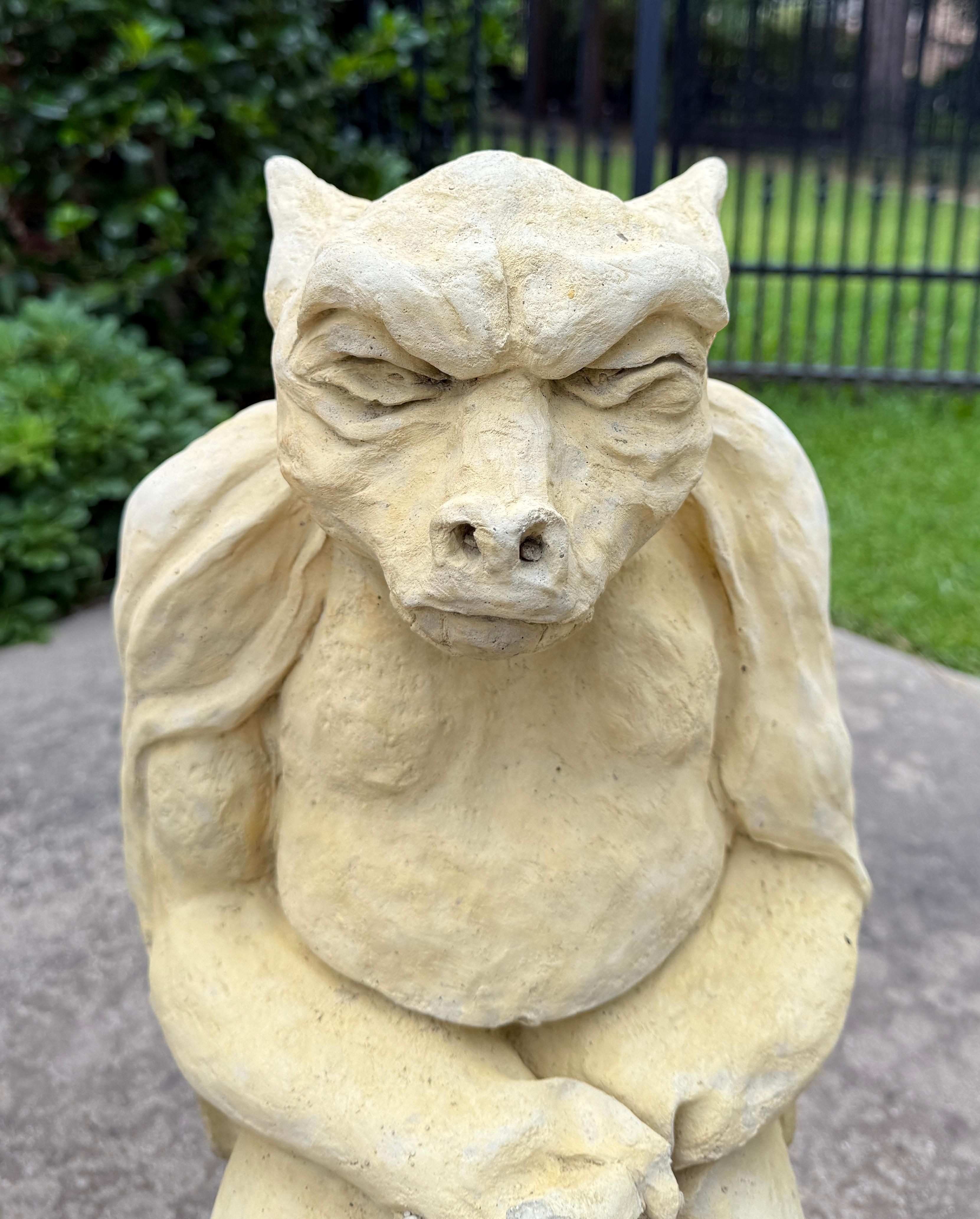Vintage English Statues Garden Figures Gargoyles Seated Cast Stone Pair For Sale 1
