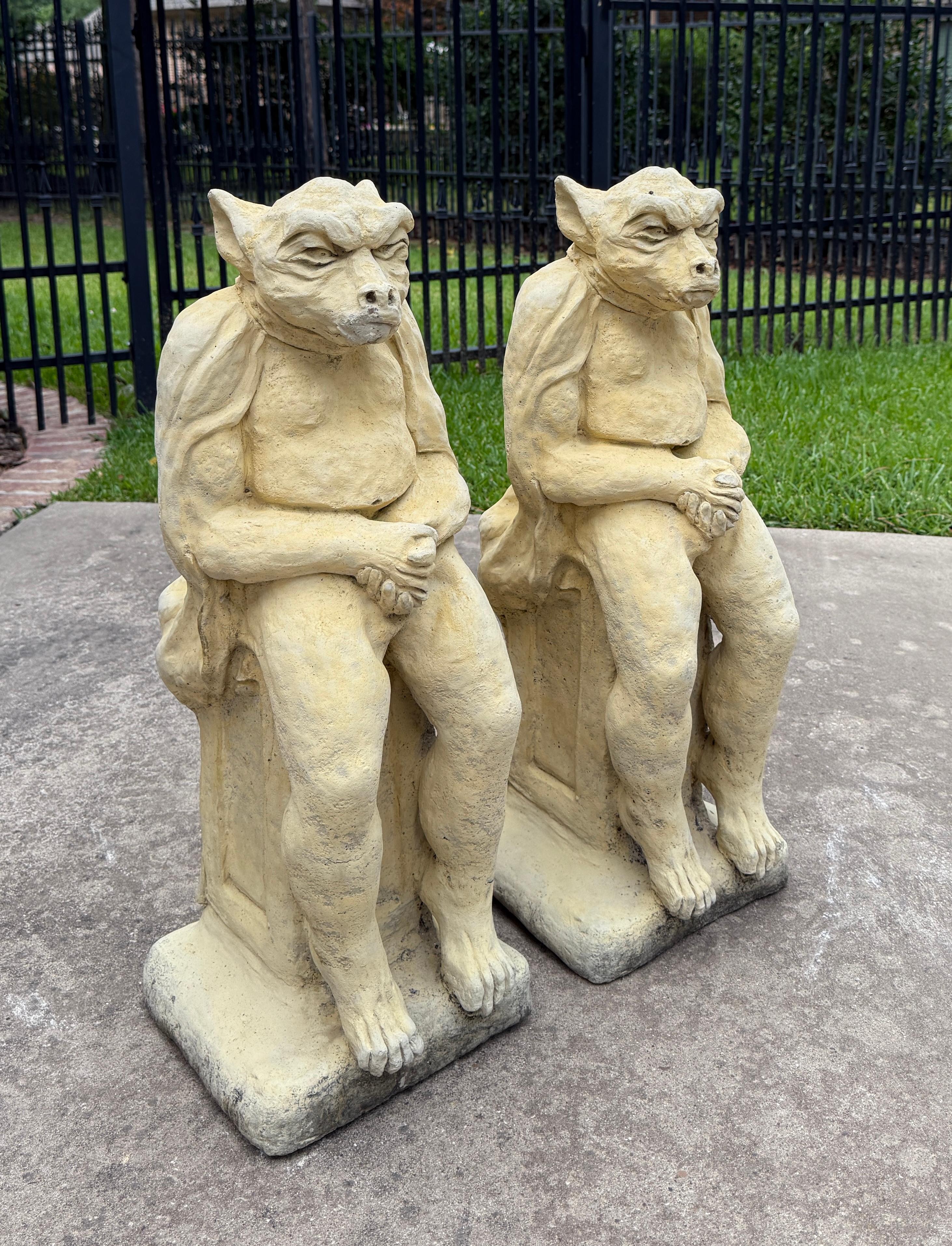 Victorian Vintage English Statues Garden Figures Gargoyles Seated Cast Stone Pair For Sale