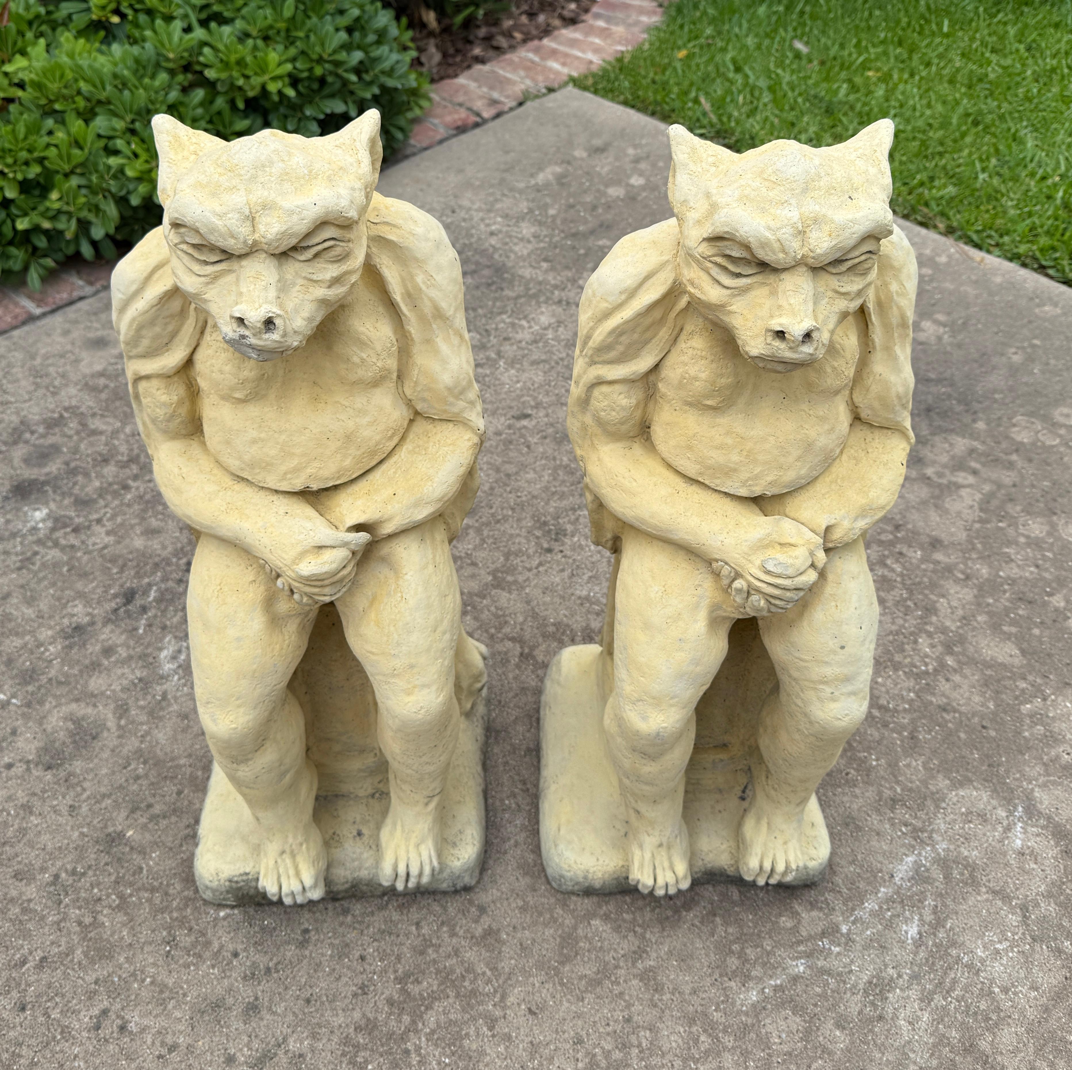Vintage English Statues Garden Figures Gargoyles Seated Cast Stone Pair For Sale 5