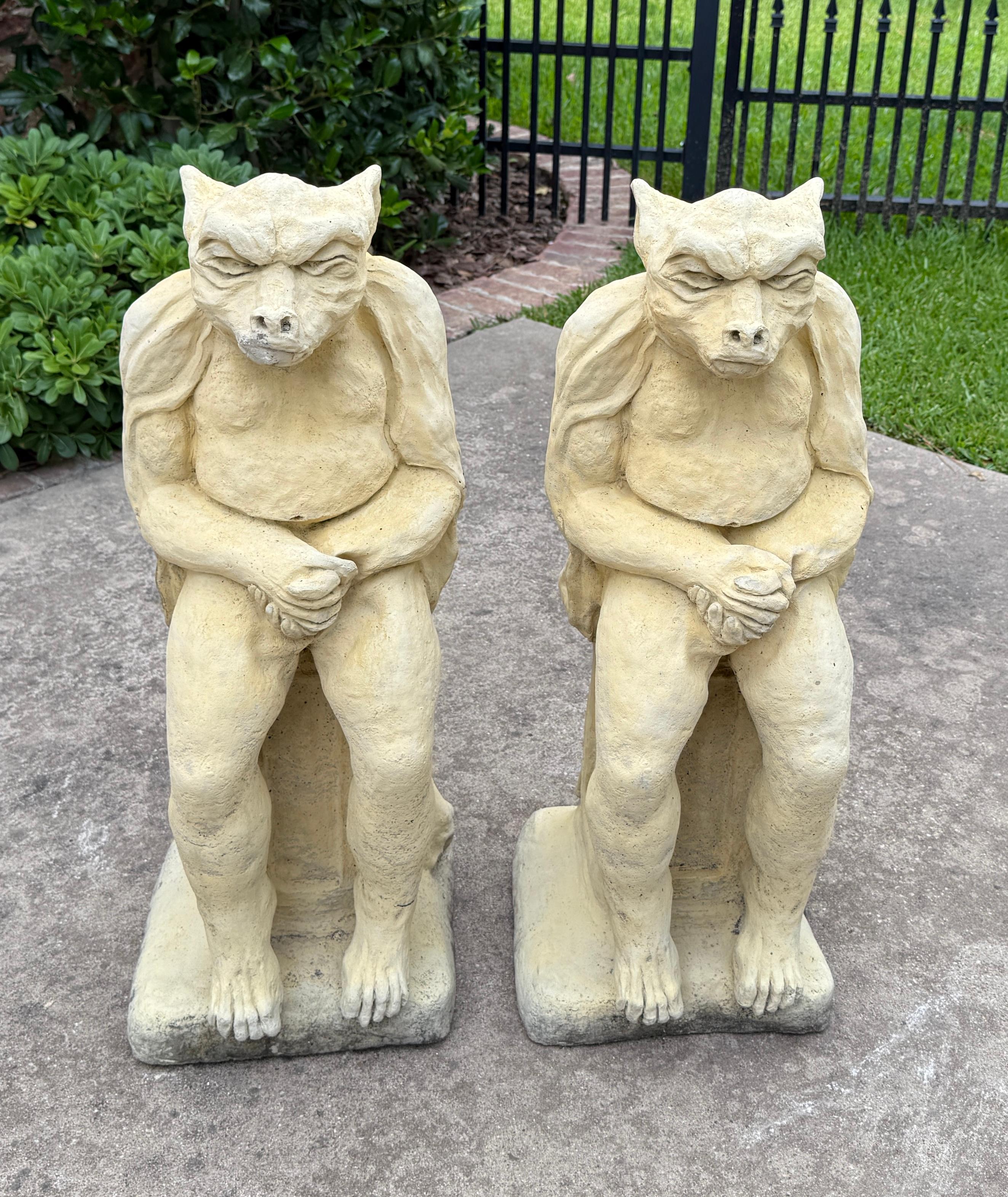 Vintage English Statues Garden Figures Gargoyles Seated Cast Stone Pair For Sale 14