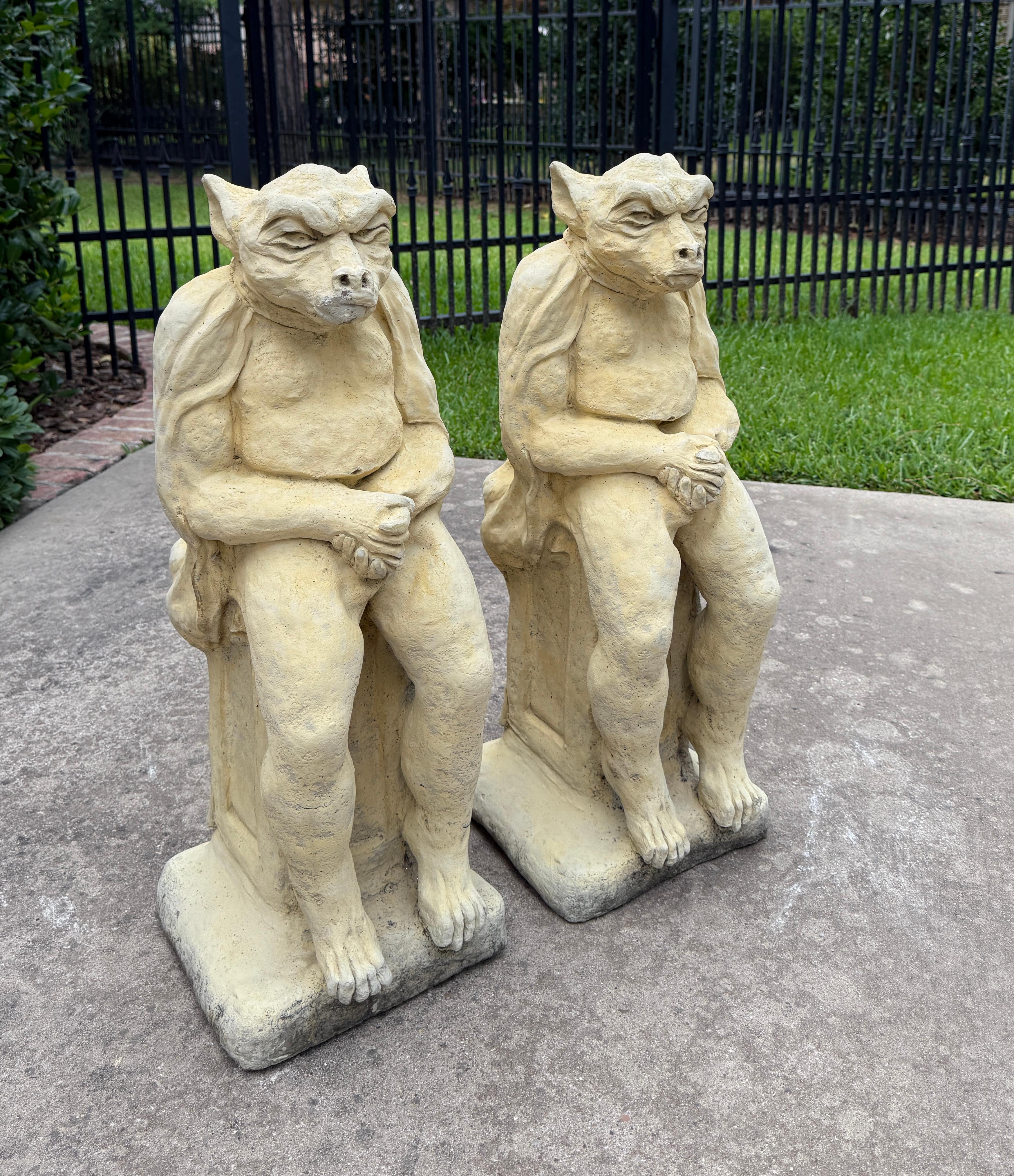 Vintage English Statues Garden Figures Gargoyles Seated Cast Stone Pair For Sale 13