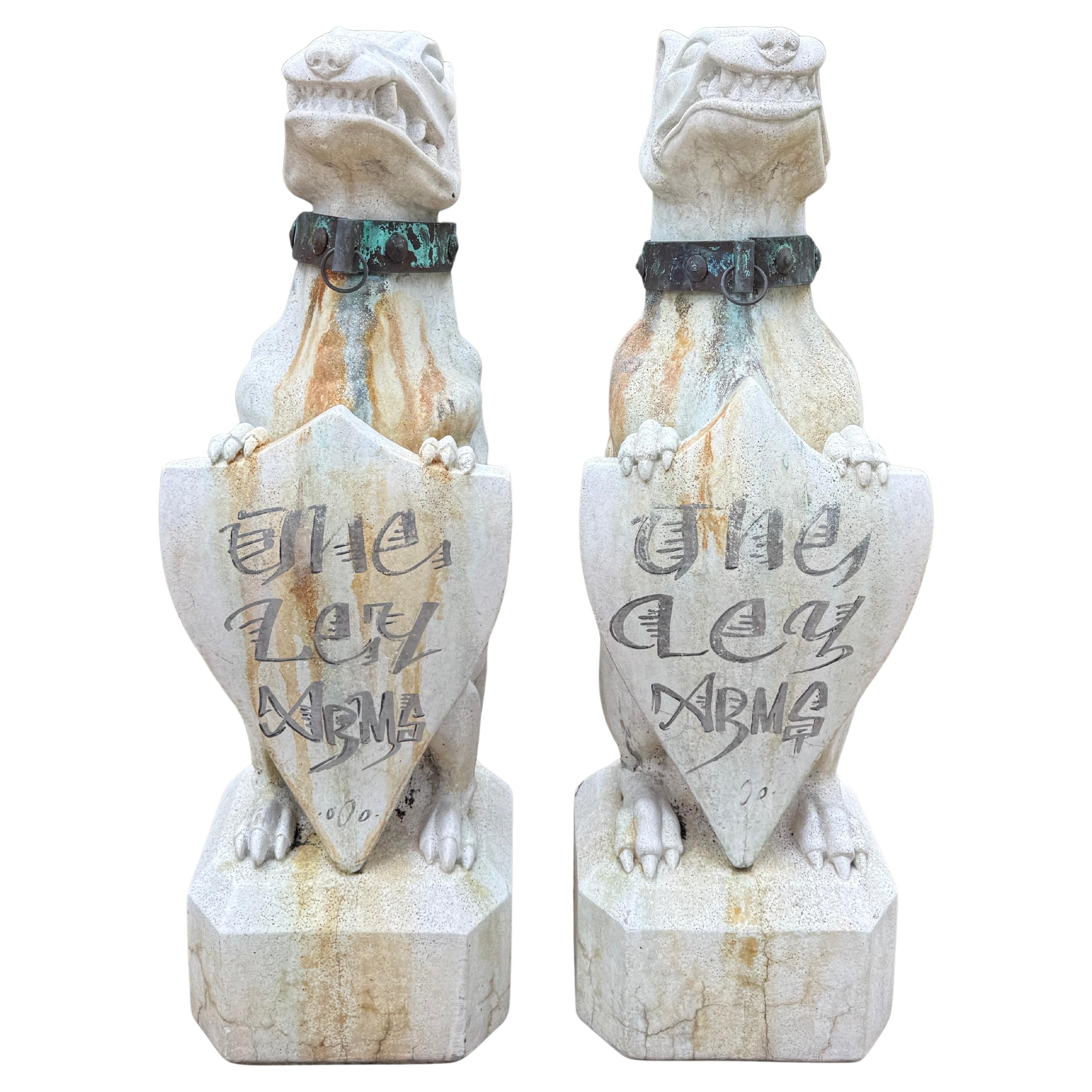 Vintage English Statues Garden Figures Gargoyles Brass Collars Cast Stone Pair