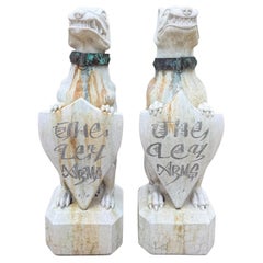 Vintage English Statues Garden Figures Gargoyles Brass Collars Cast Stone Pair