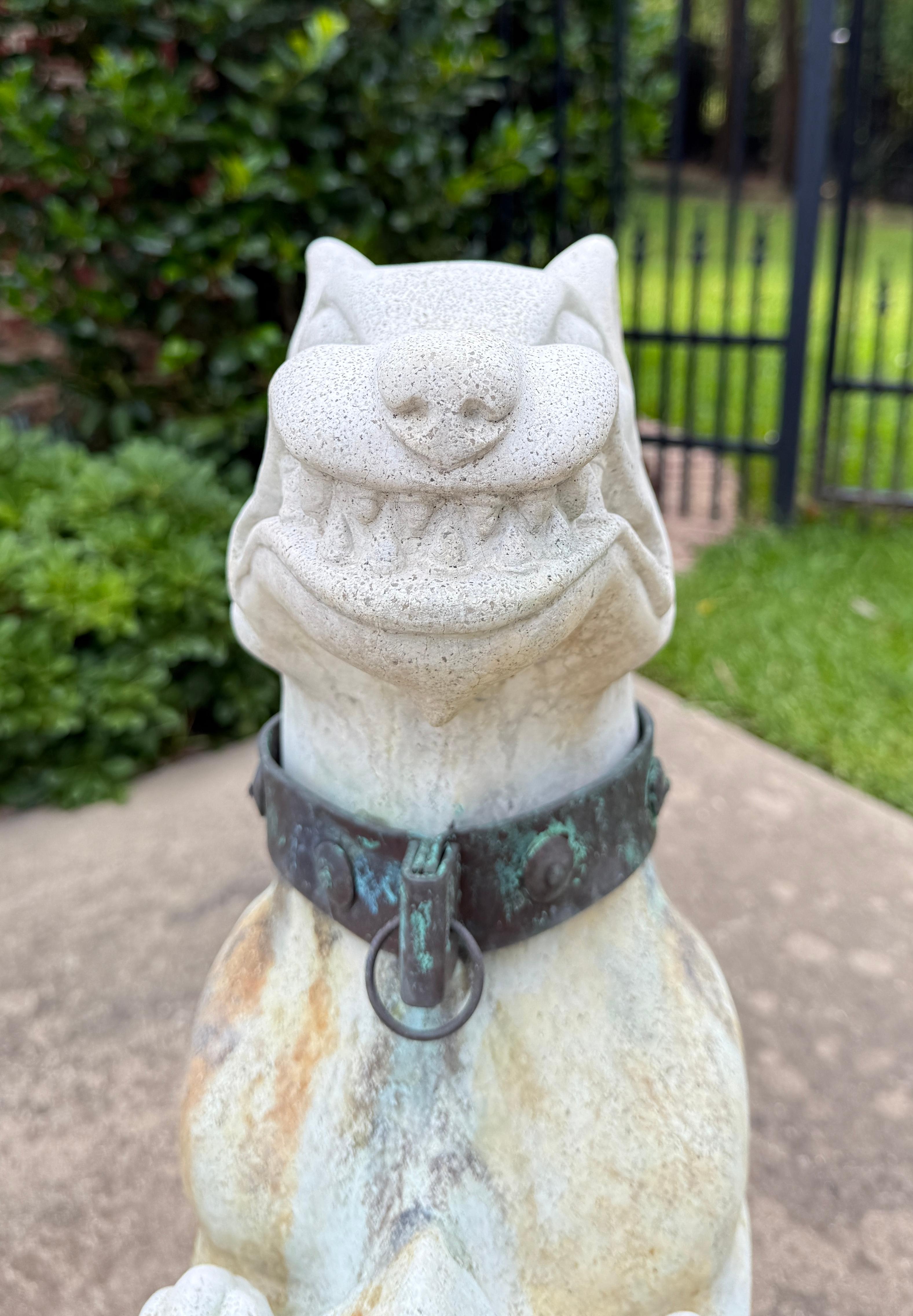 Vintage English Statues Garden Figures Gargoyles Brass Collars Cast Stone Pair For Sale 3