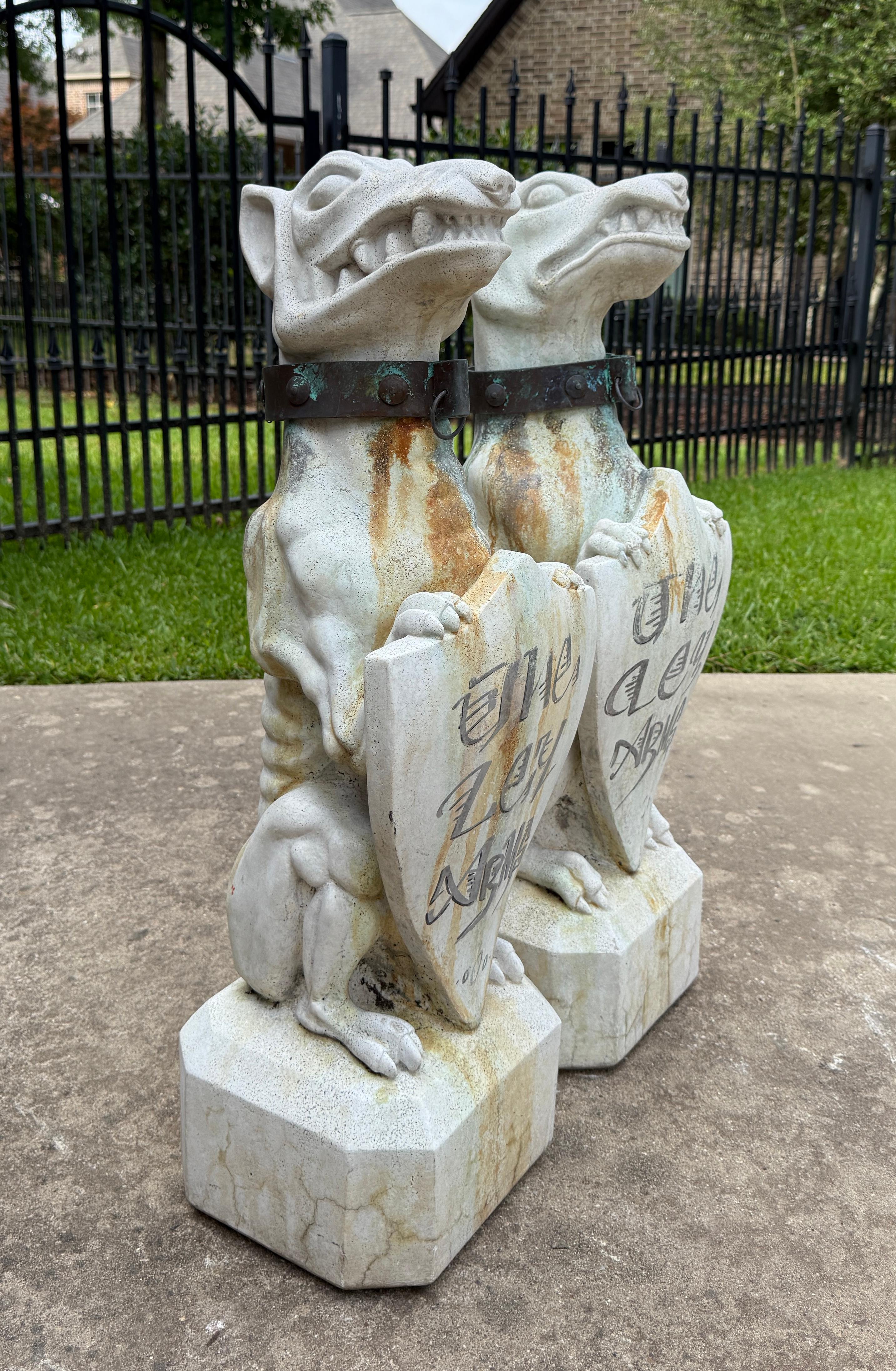 Vintage English Statues Garden Figures Gargoyles Brass Collars Cast Stone Pair In Good Condition For Sale In Tyler, TX