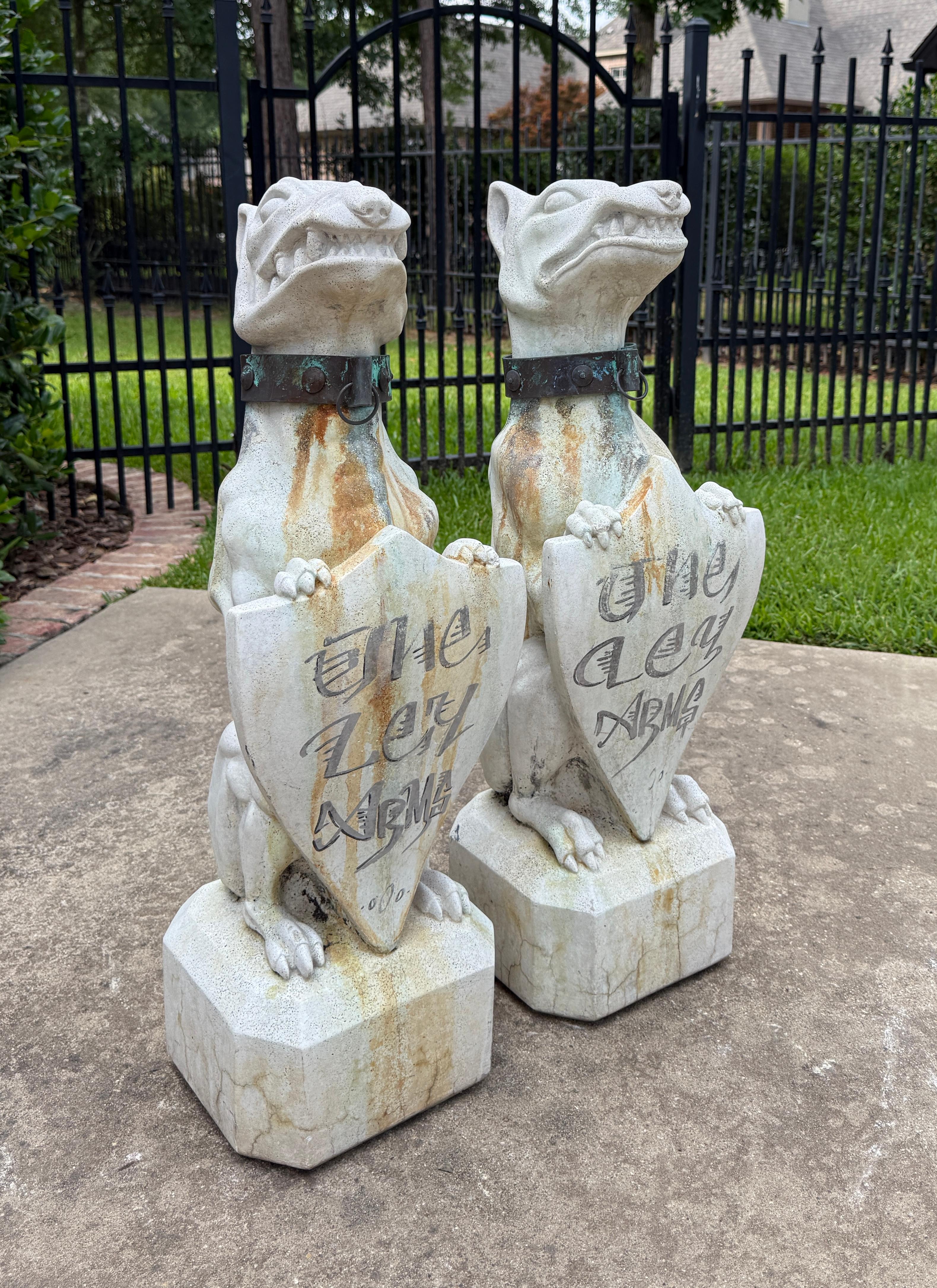 Victorian Vintage English Statues Garden Figures Gargoyles Brass Collars Cast Stone Pair For Sale