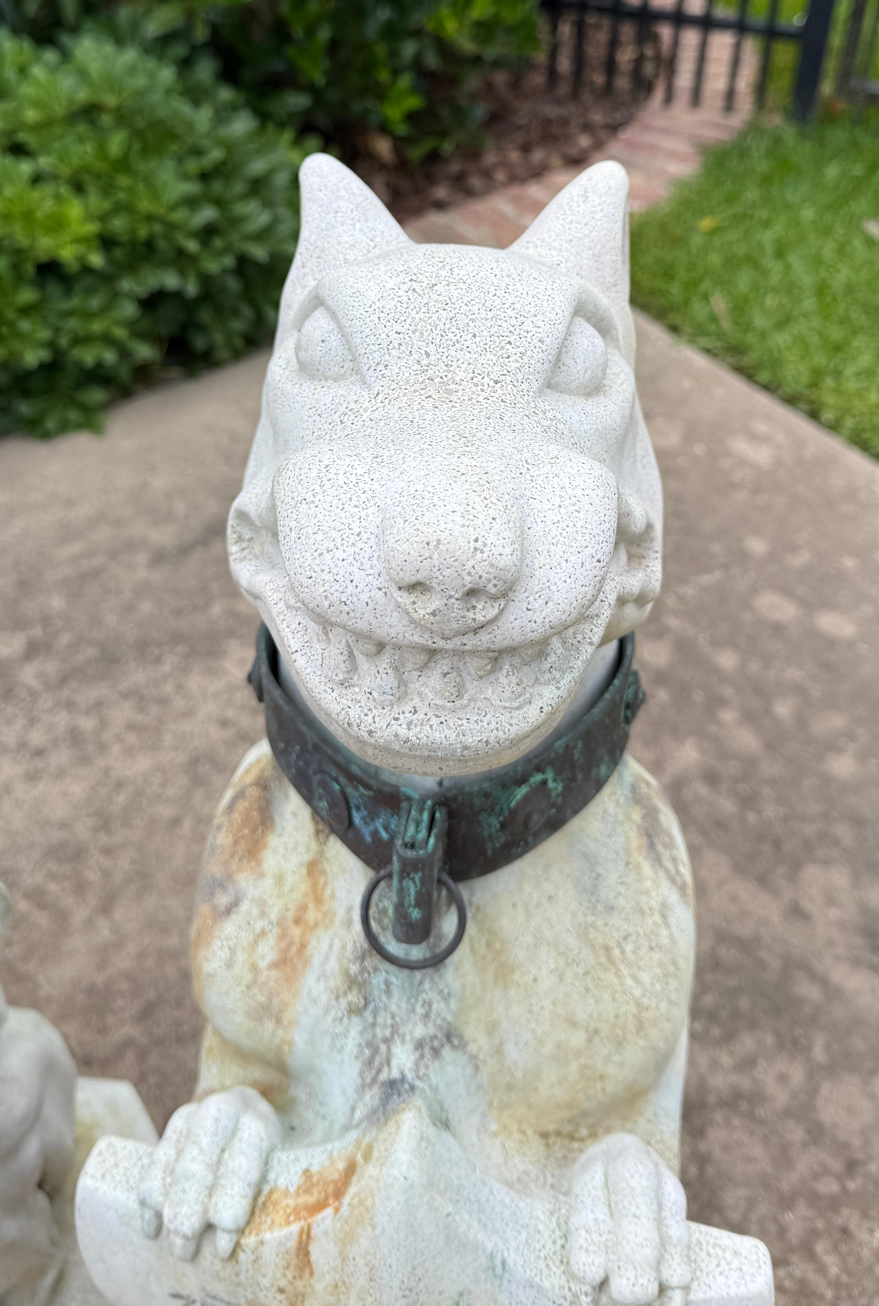 Vintage English Statues Garden Figures Gargoyles Brass Collars Cast Stone Pair For Sale 4