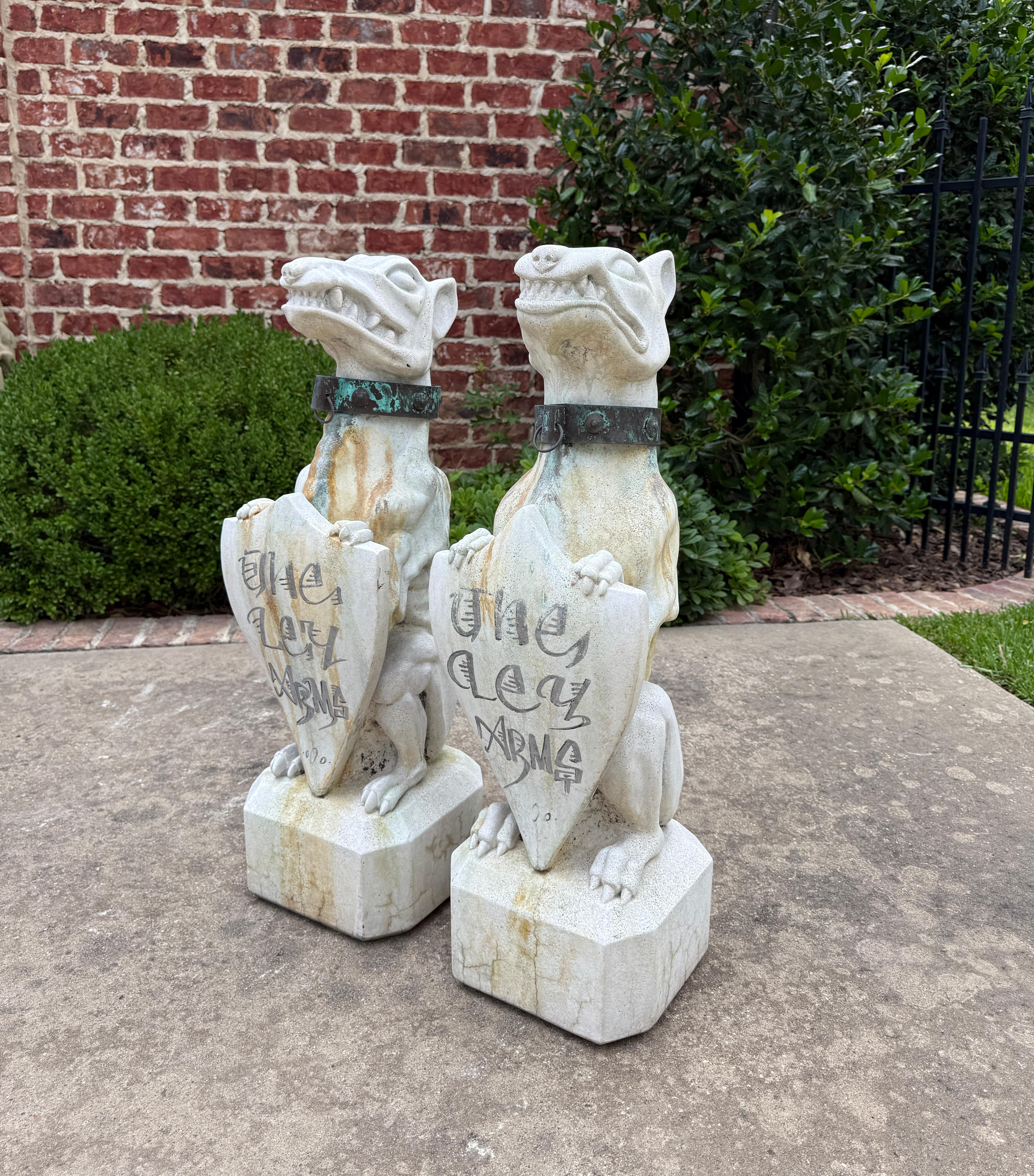 Vintage English Statues Garden Figures Gargoyles Brass Collars Cast Stone Pair For Sale 1