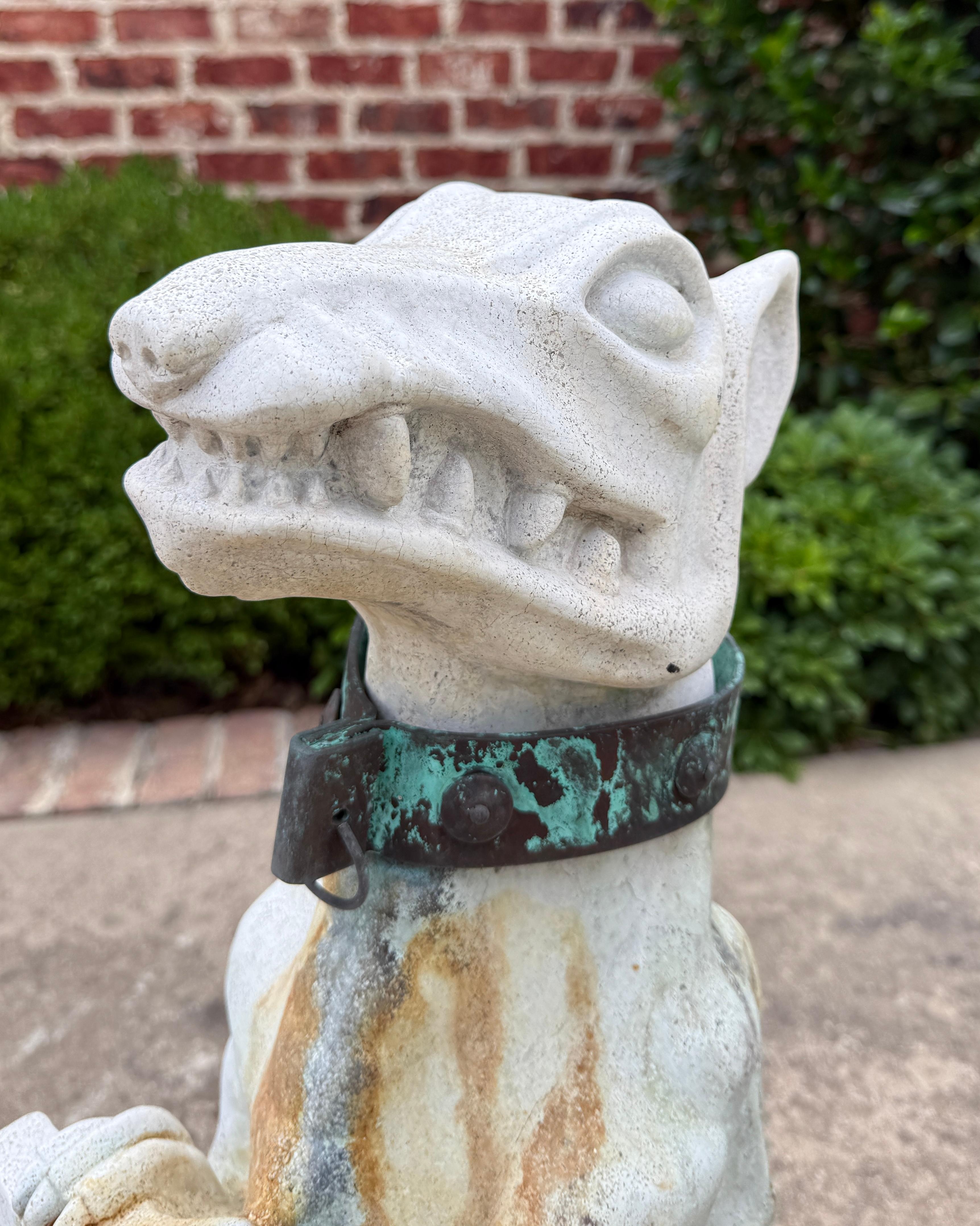 Vintage English Statues Garden Figures Gargoyles Brass Collars Cast Stone Pair For Sale 5