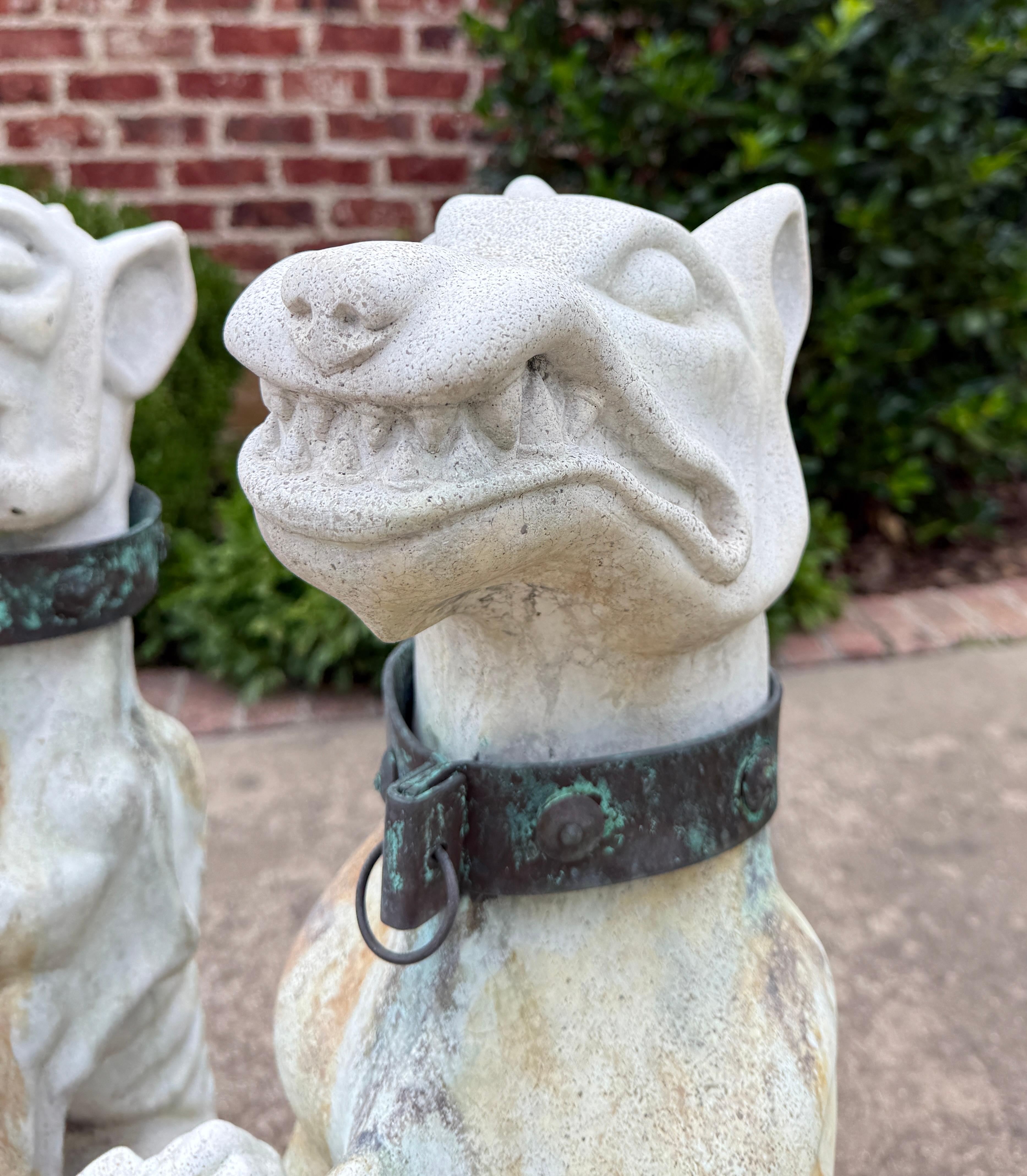 Vintage English Statues Garden Figures Gargoyles Brass Collars Cast Stone Pair For Sale 2